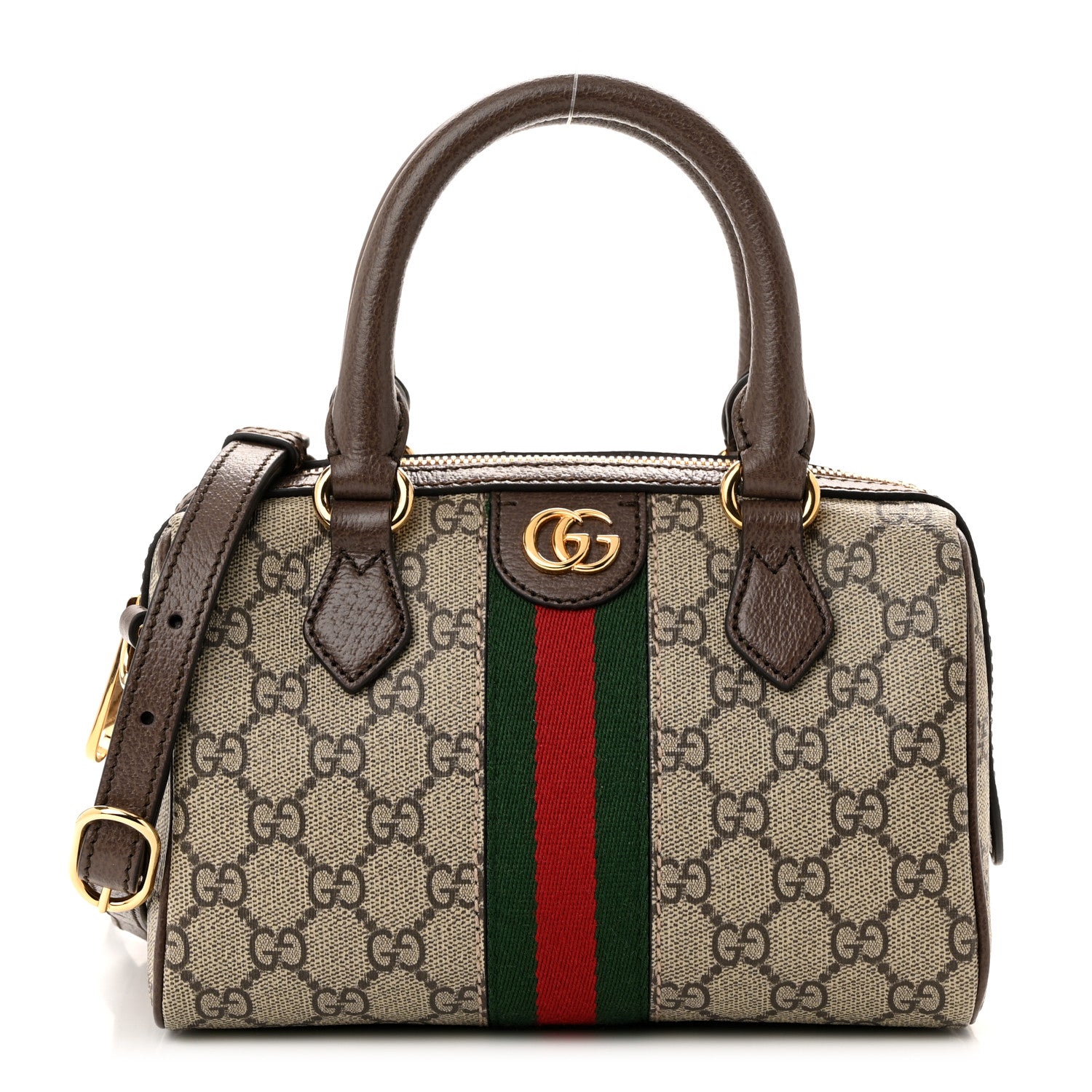 Gucci GG Supreme Monogram Textured Dollar Calfskin Web Mini Ophidia Top Handle Bag Beige Ebony New Acero 1 of 10