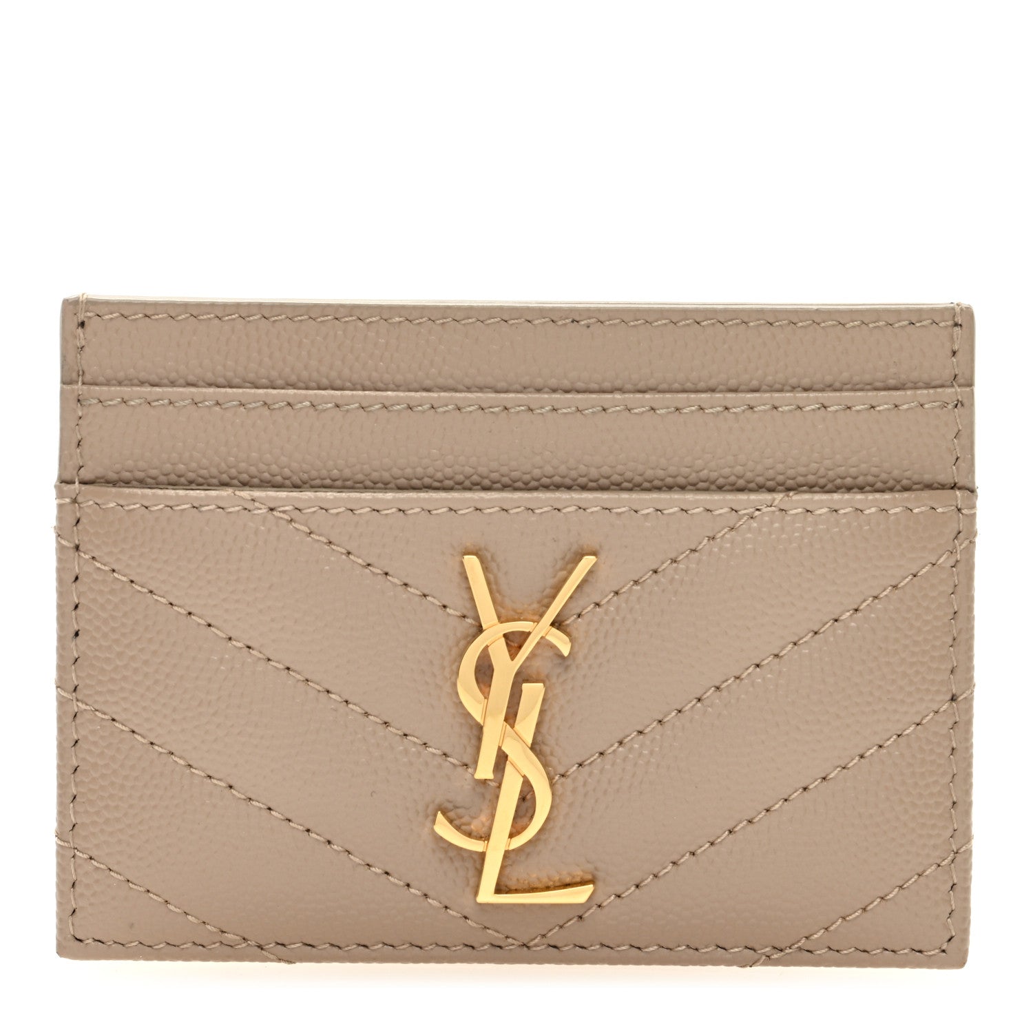 Saint Laurent Grain De Poudre Matelasse Chevron Monogram Credit Card Case Dark Beige 1 of 6