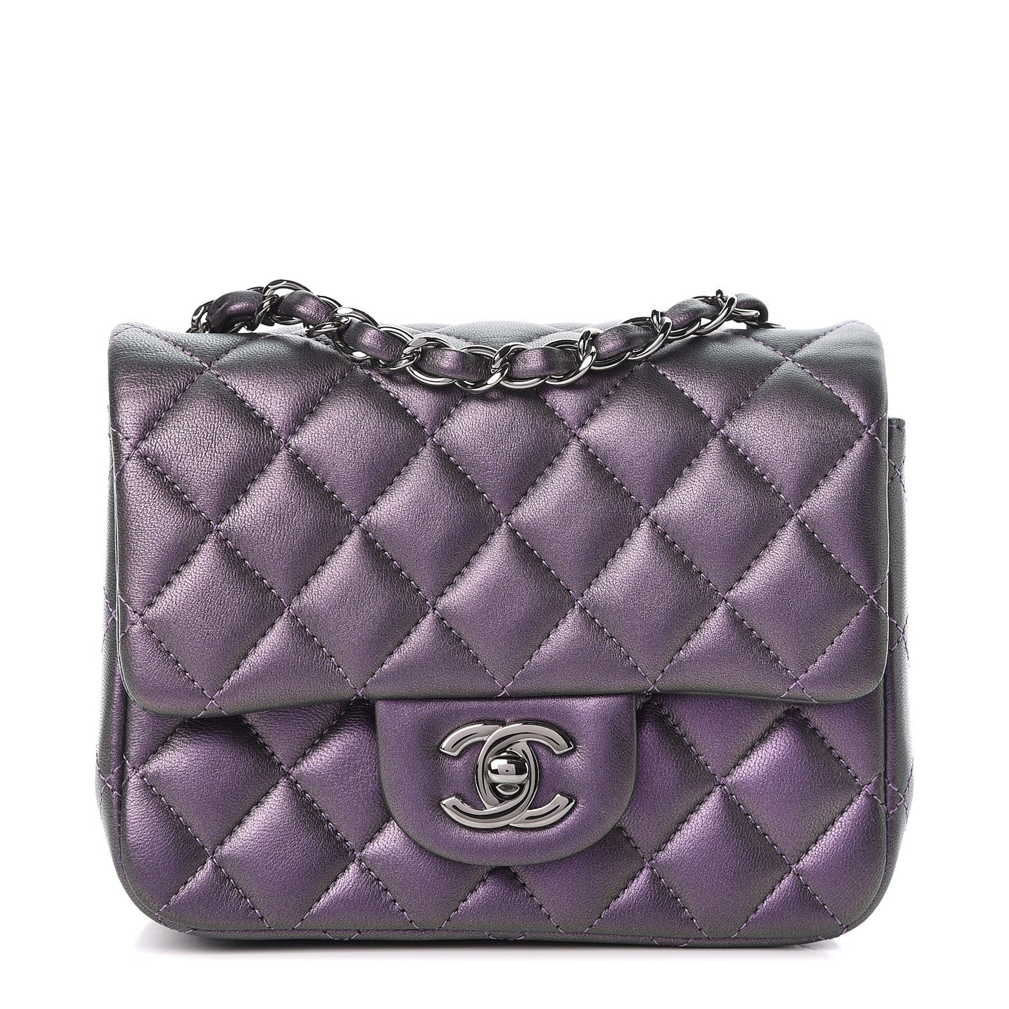 Iridescent Lambskin Quilted Mini Square Flap Dark Purple