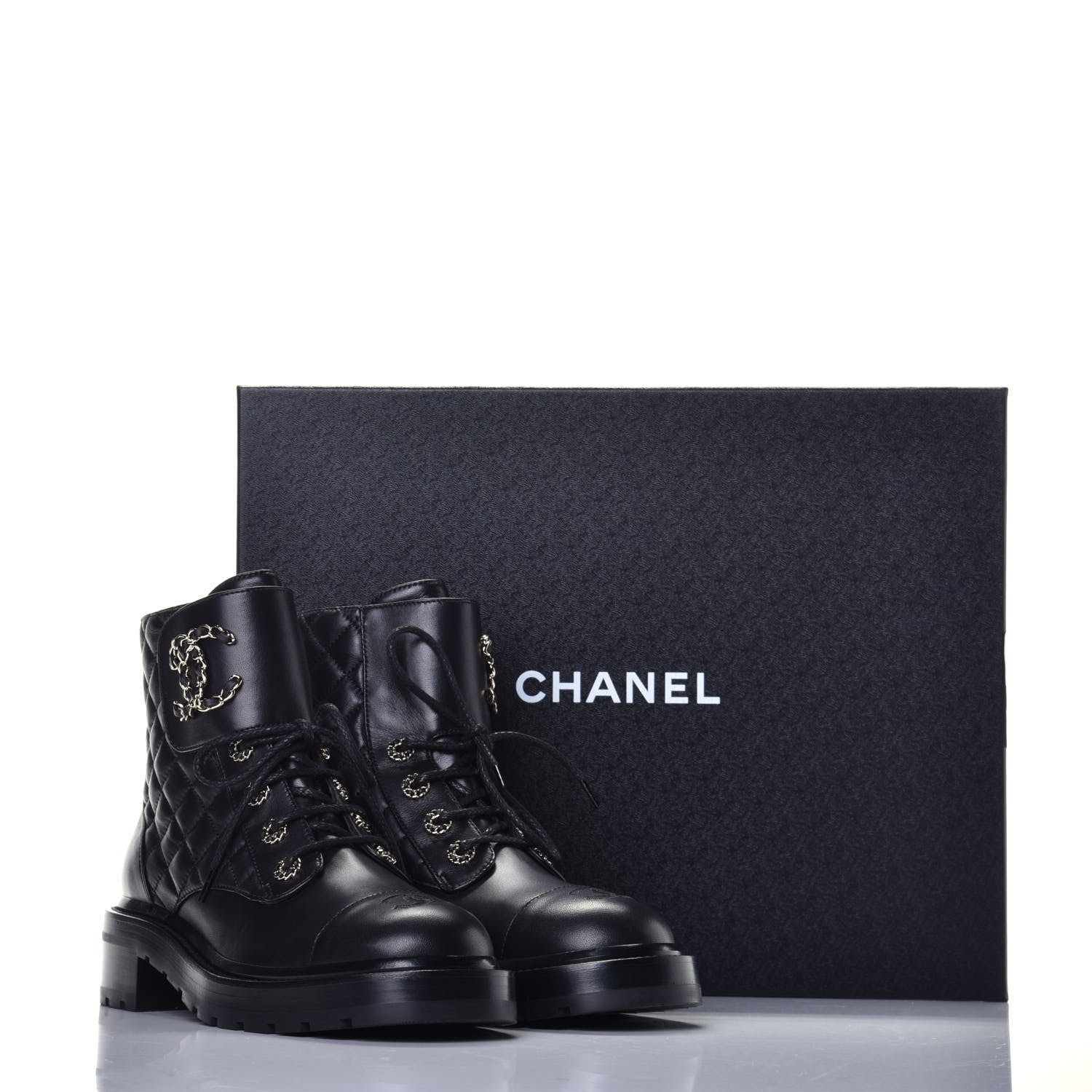 Chanel Shiny Lambskin Quilted Lace Up Combat Boots 39 Black 9 of 9
