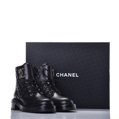Chanel Shiny Lambskin Quilted Lace Up Combat Boots 39 Black 9 of 9