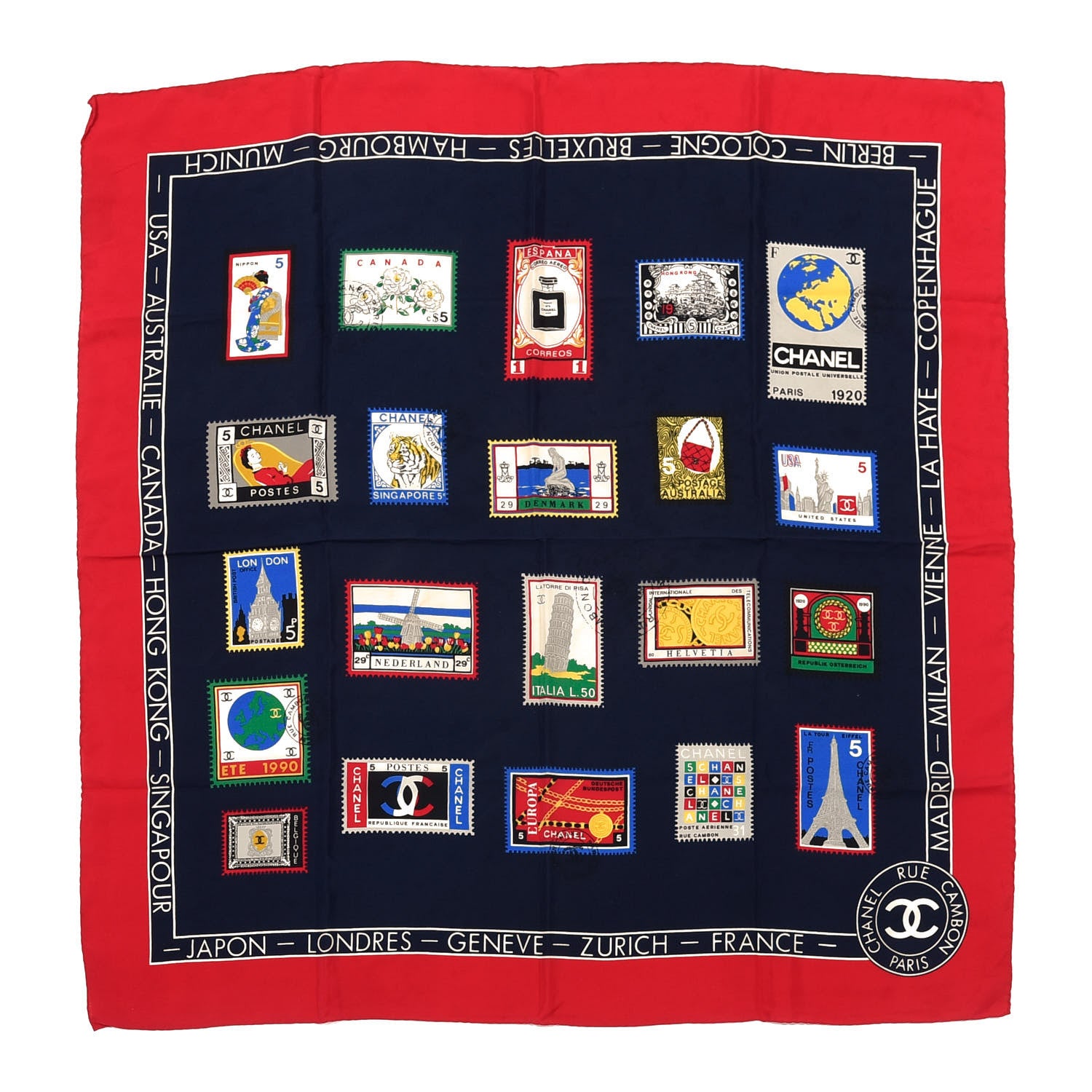 Chanel Silk Stamps Square Scarf Navy Red 1 of 3