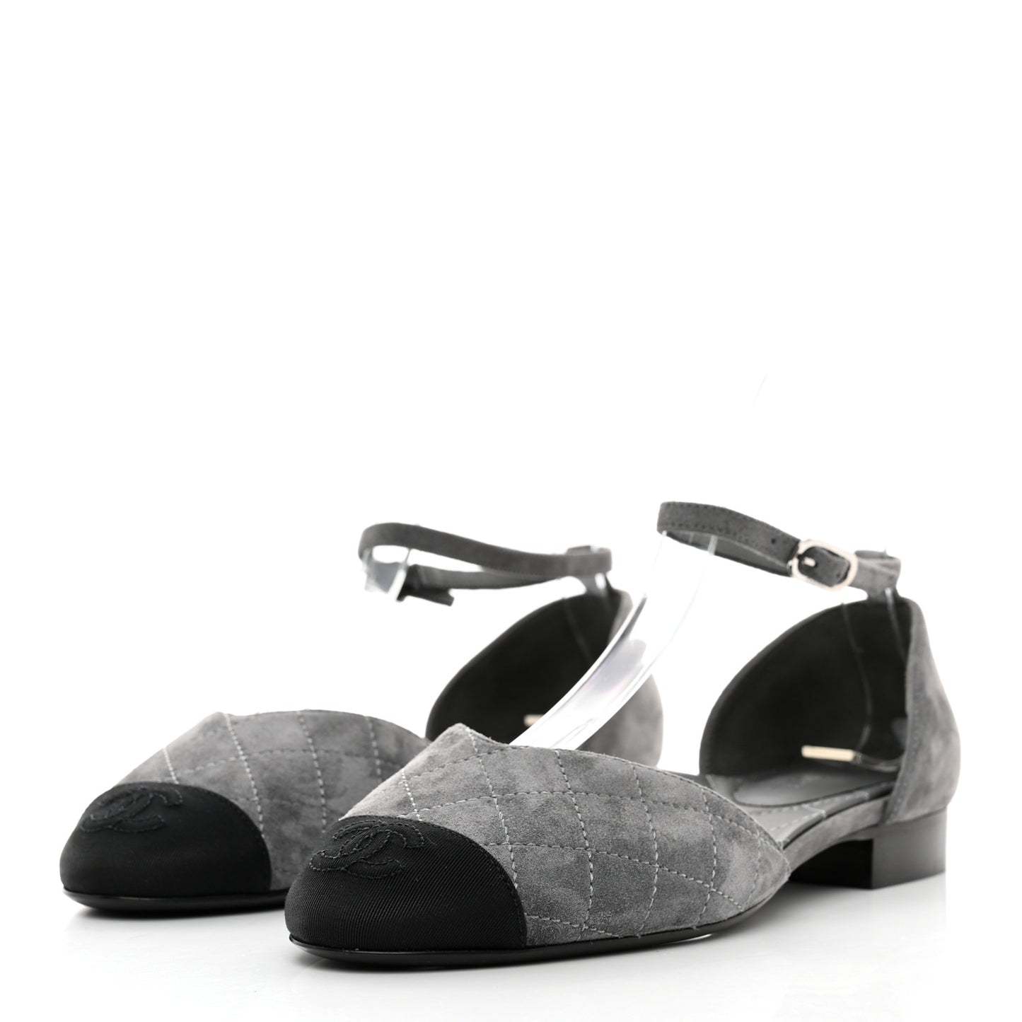 Suede Grosgrain Cap Toe CC Mary Jane Flats 37 Grey Black