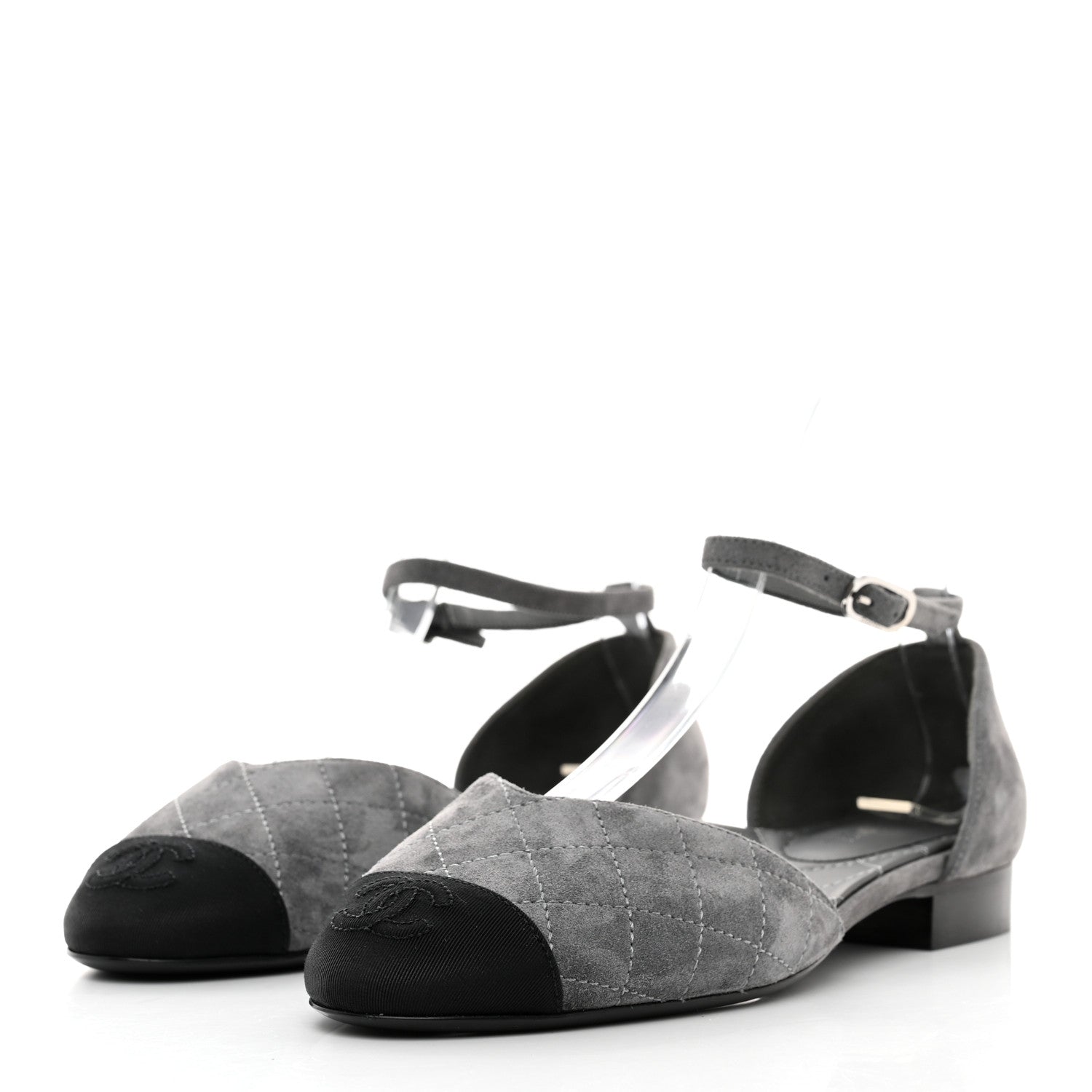 Chanel Suede Grosgrain Cap Toe CC Mary Jane Flats 37 Grey Black 3 of 9