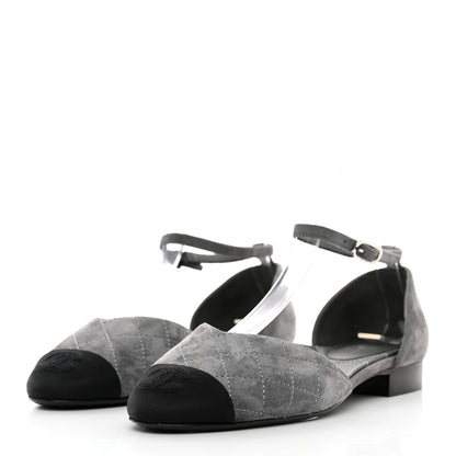 Chanel Suede Grosgrain Cap Toe CC Mary Jane Flats 37 Grey Black 3 of 9