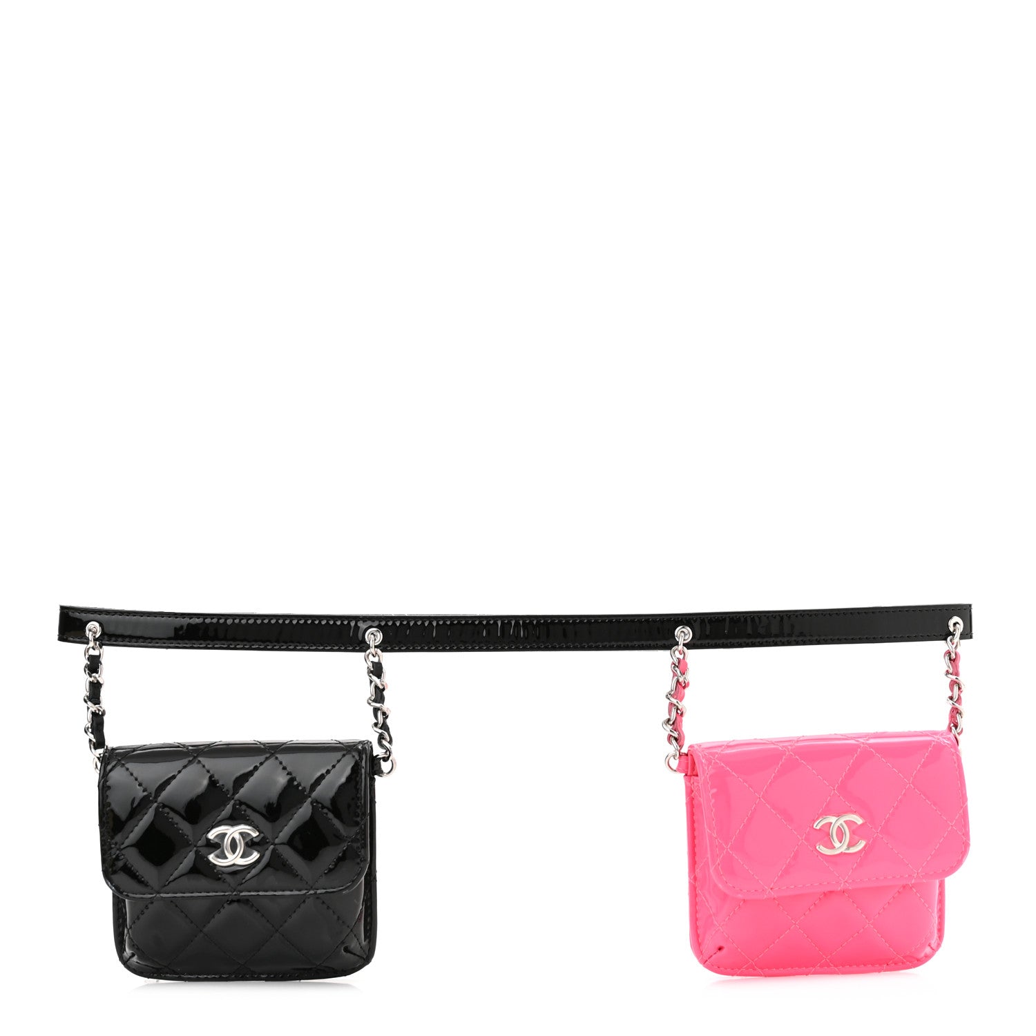 Chanel Patent Quilted Belt In Love Double Mini Flap Waist Bag Black Pink 1 of 13