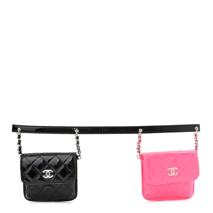 Chanel Patent Quilted Belt In Love Double Mini Flap Waist Bag Black Pink 1 of 13