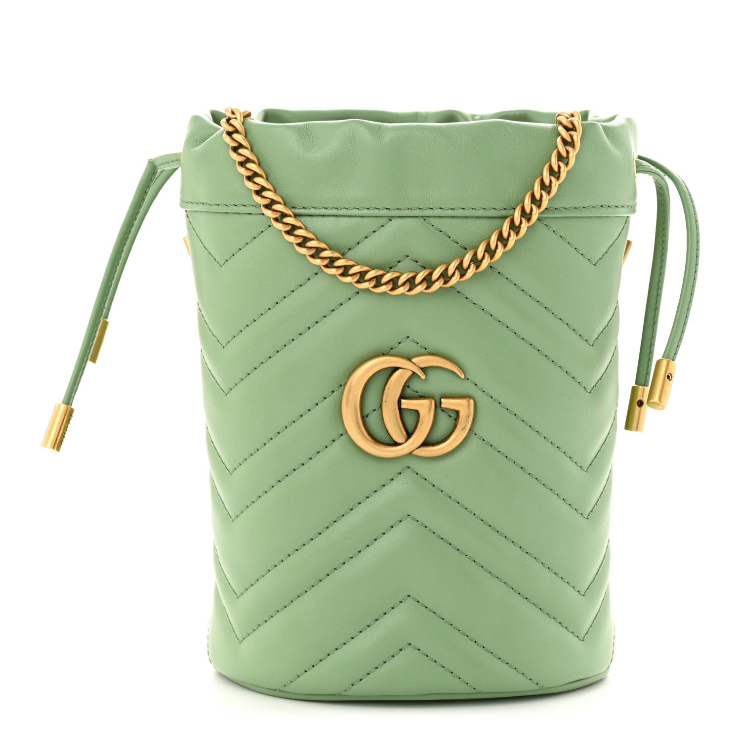 Gucci Calfskin Matelasse Chevron Mini GG Marmont 2.0 Bucket Bag Salamander Green 1 of 12