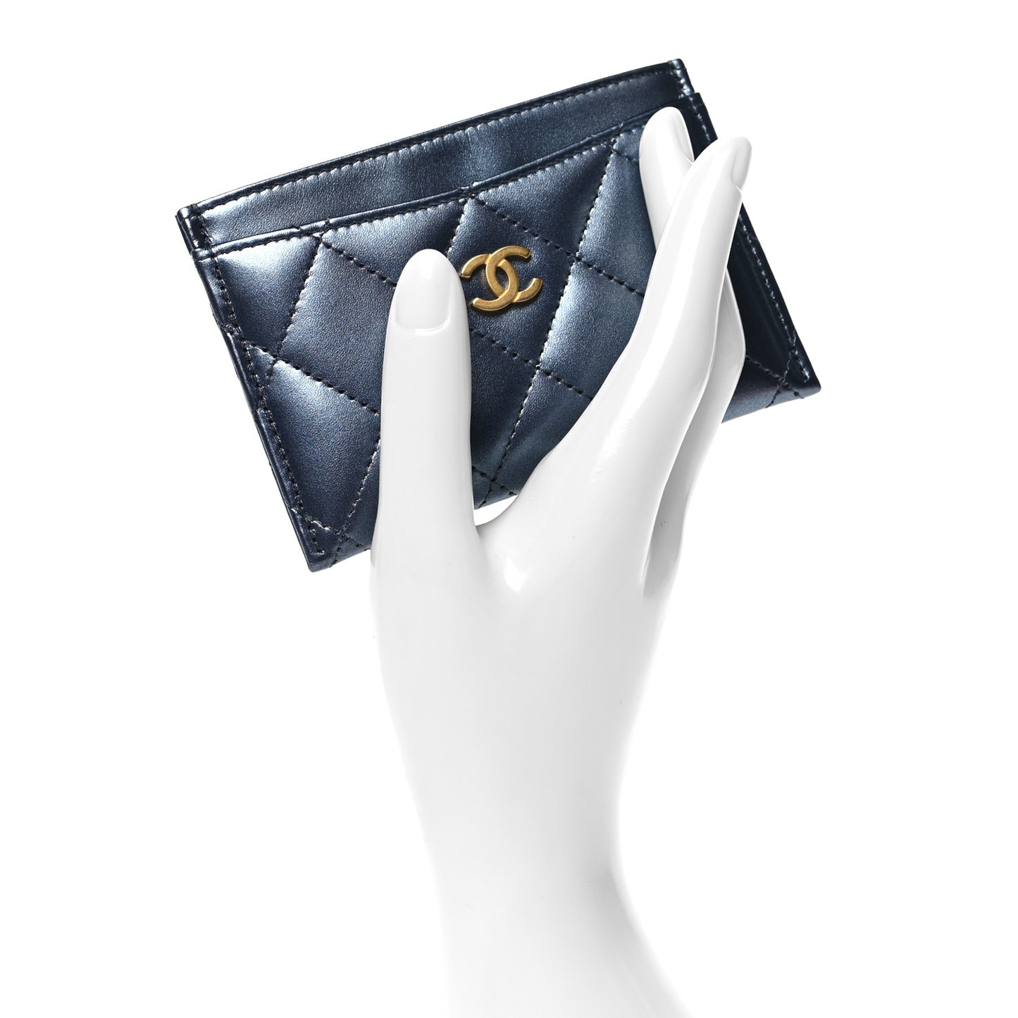 Metallic Lambskin Quilted Card Holder Dark Blue