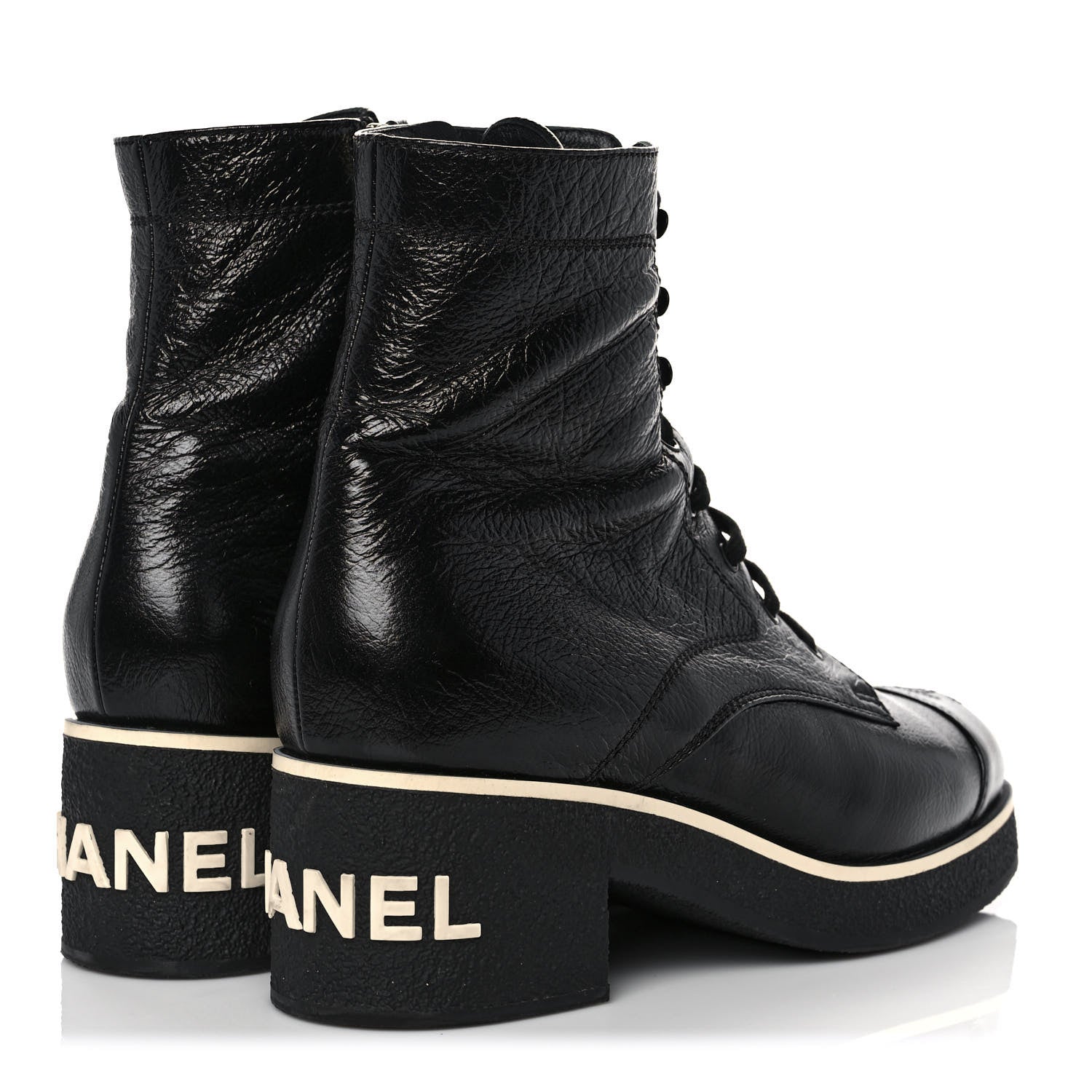 Chanel Shiny Crumpled Lambskin Lace Up Combat Boots 41.5 Black 4 of 9