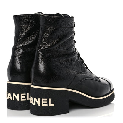 Chanel Shiny Crumpled Lambskin Lace Up Combat Boots 41.5 Black 4 of 9