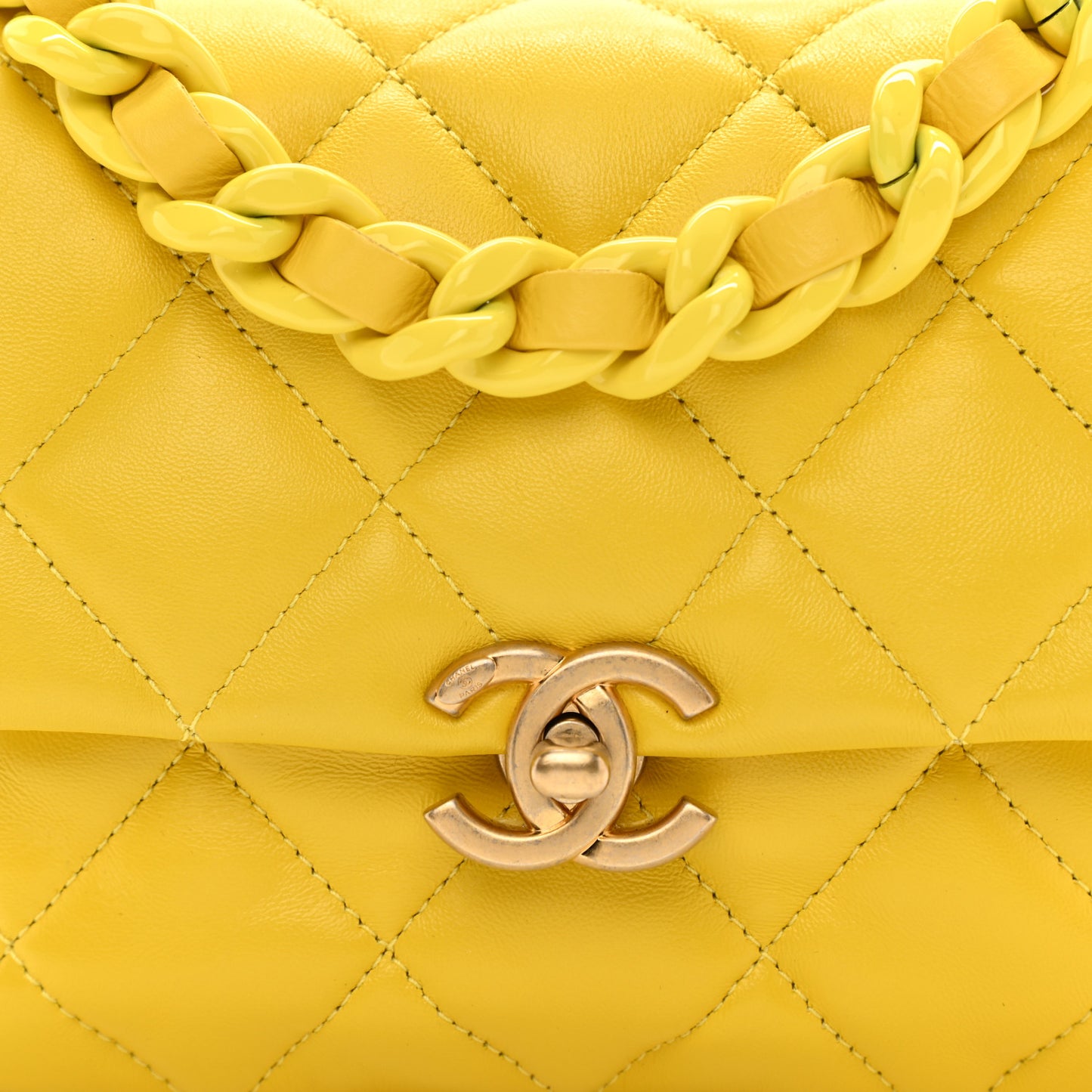 Lambskin Quilted Mini Lacquered Chain Flap Yellow