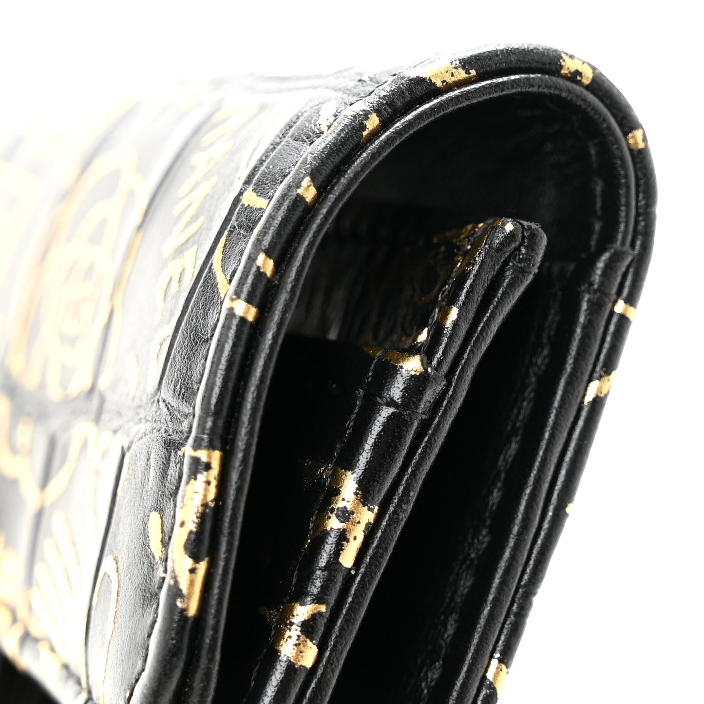 Calfskin Crocodile Embossed Graffiti 2.55 Cocodile Reissue Flap Card Holder Black Gold