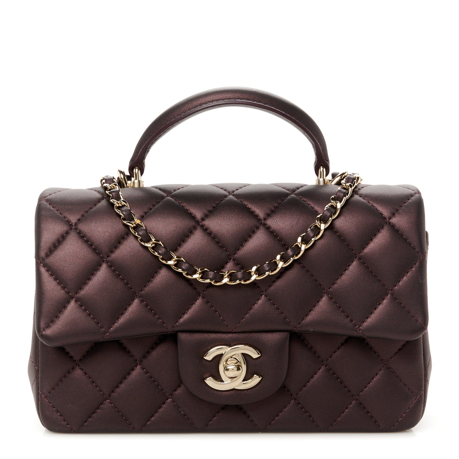 Chanel Iridescent Lambskin Quilted Mini Top Handle Rectangular Flap Burgundy 1 of 11