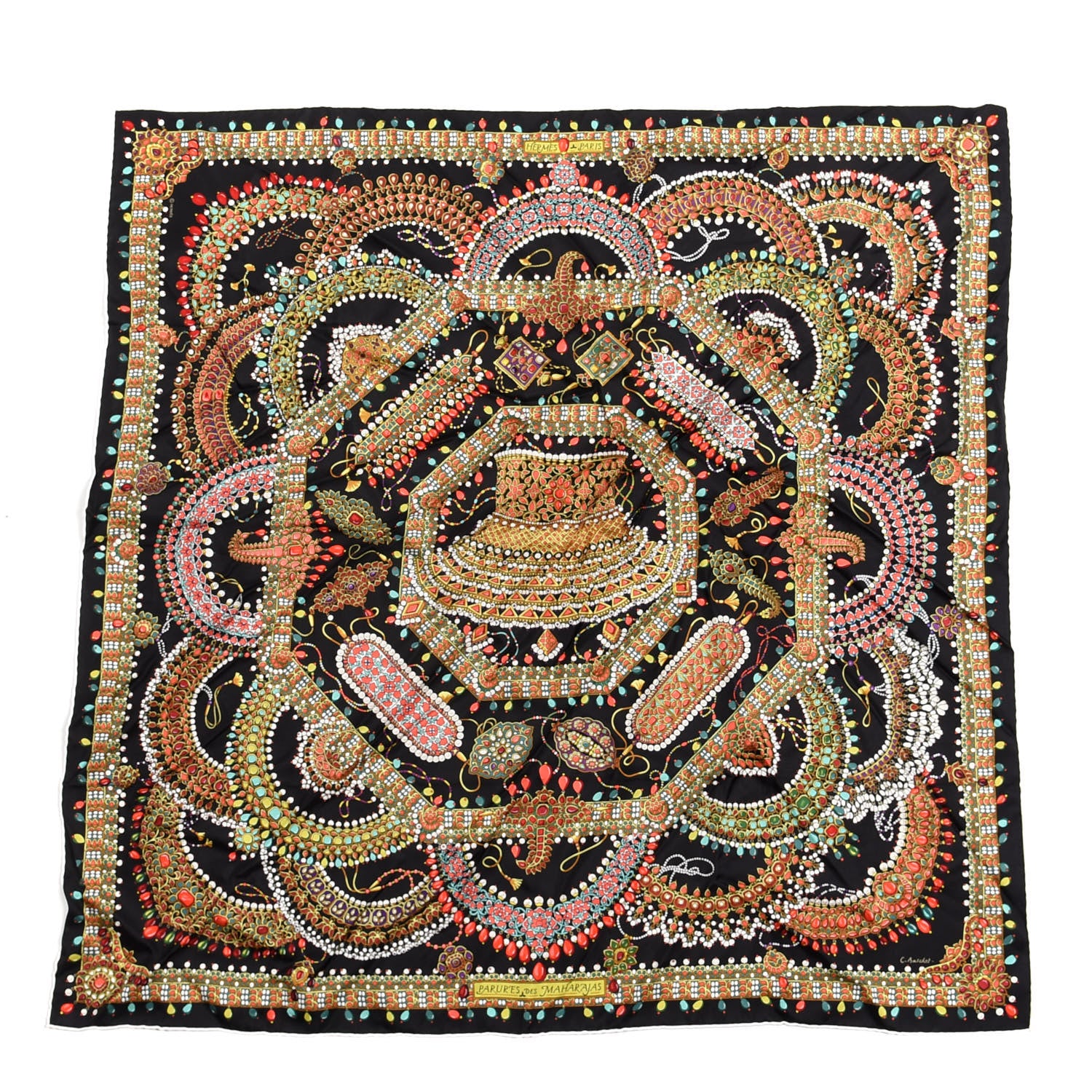 Hermes Silk Parures Des Maharajas Scarf 90 Black Jaune Corail 1 of 3