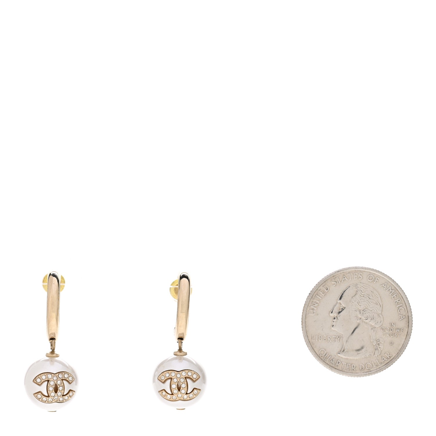 Chanel Pearl Crystal CC Drop Earrings Gold Pearly White 2 of 5