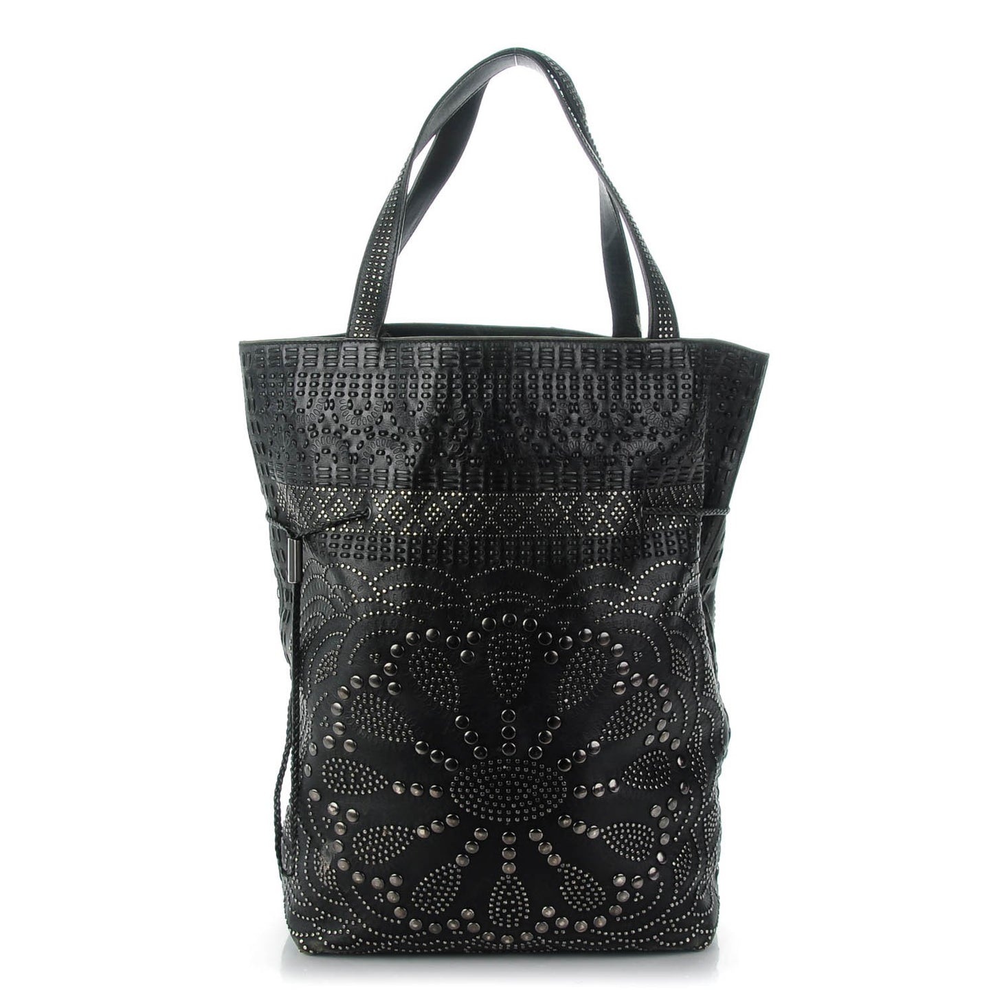 Calfskin Large Studded Drawstring Bucket Bag Black
