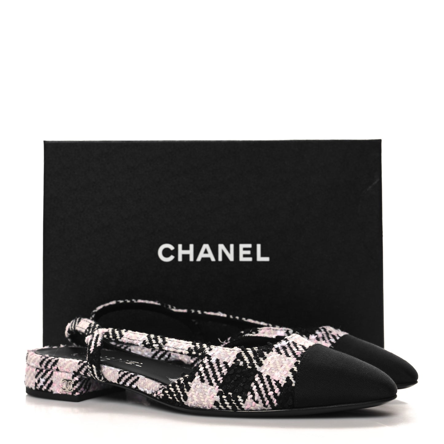 Tweed Cap Toe CC Slingback Flats 40 Black Pink White