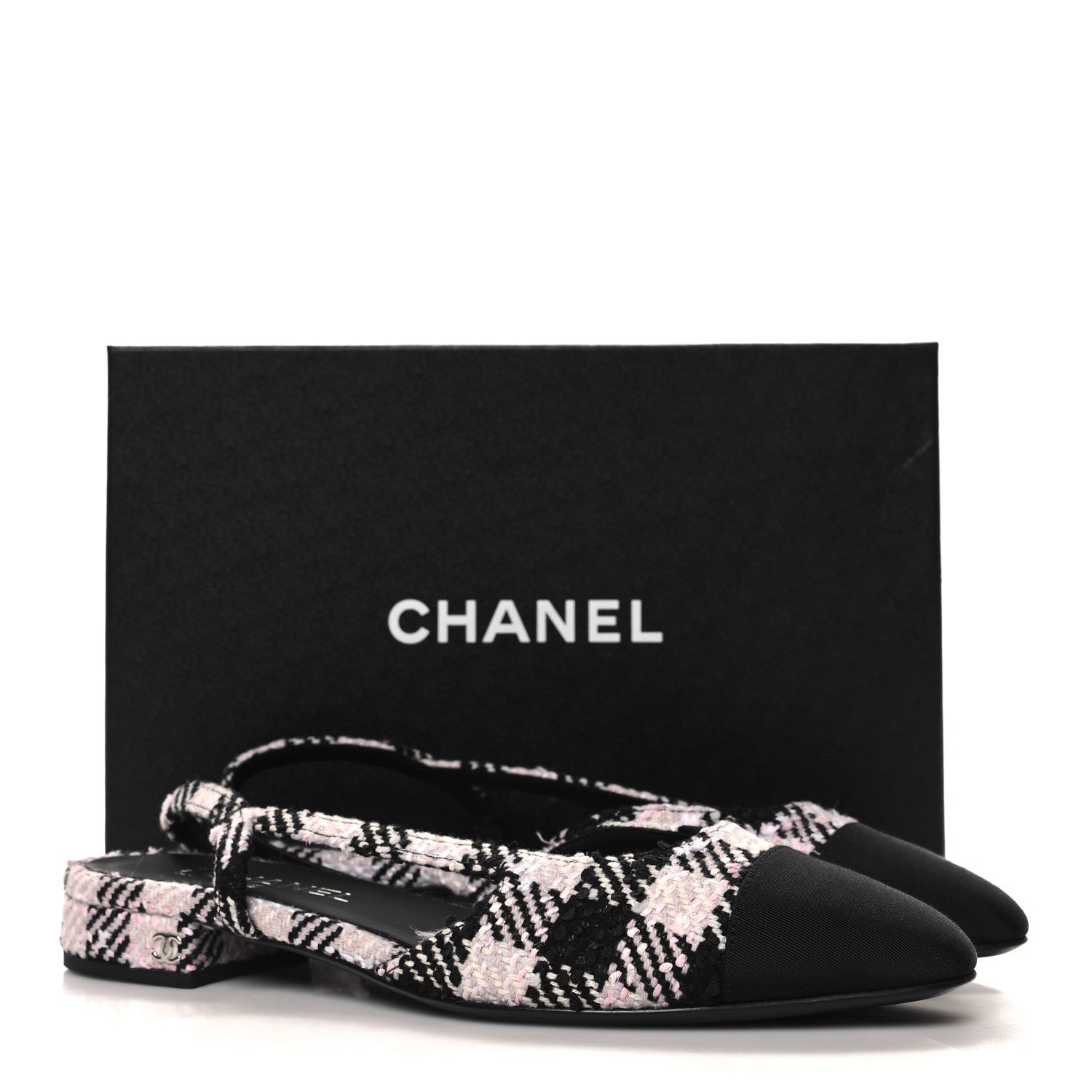 Chanel Tweed Cap Toe CC Slingback Flats 40 Black Pink White 10 of 10