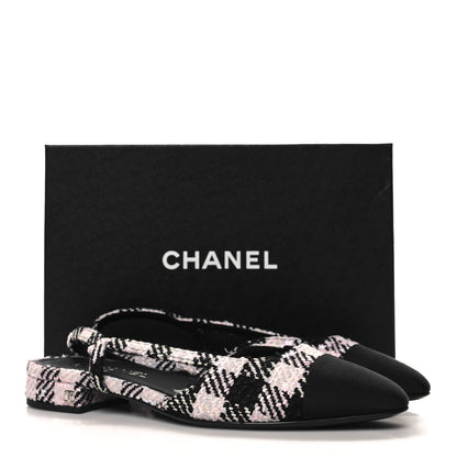 Chanel Tweed Cap Toe CC Slingback Flats 40 Black Pink White 10 of 10