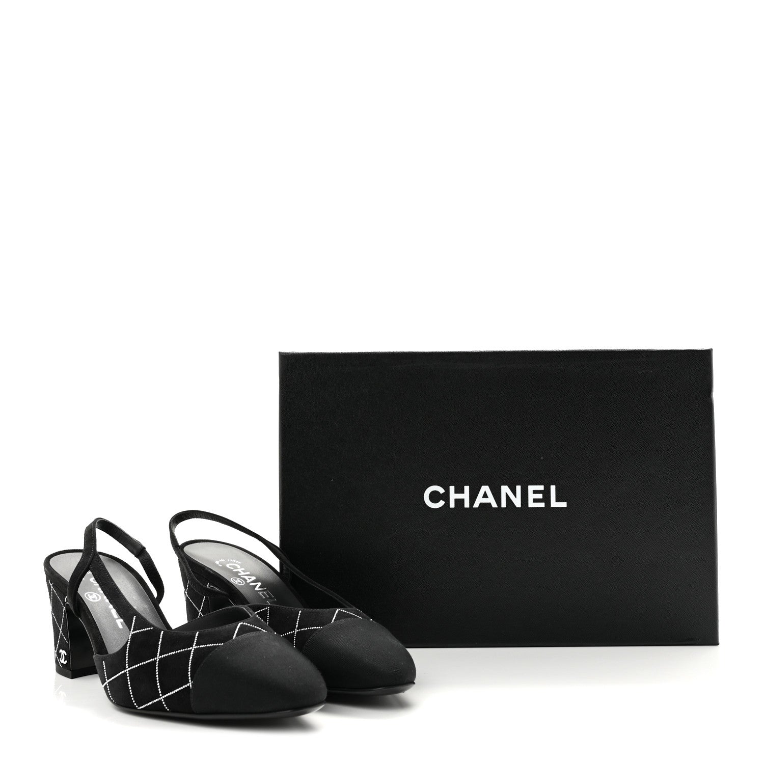 Chanel Suede Crystal Grosgrain Cap Toe CC Slingback Pumps 38 Black Silver 10 of 10