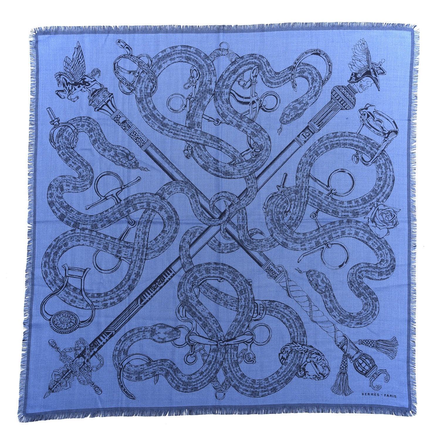 Hermes Cashmere Silk Caducee Rock Scarf 100 Cobalt Marine 1 of 3