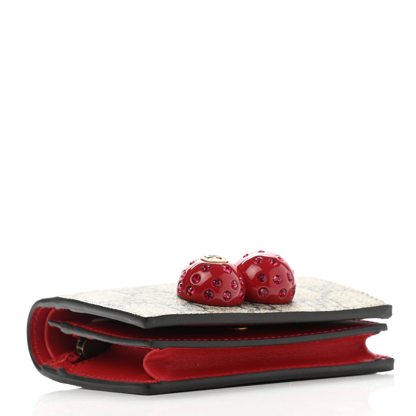 GG Supreme Monogram Cherry Embellished Card Case Wallet Hibiscus Red