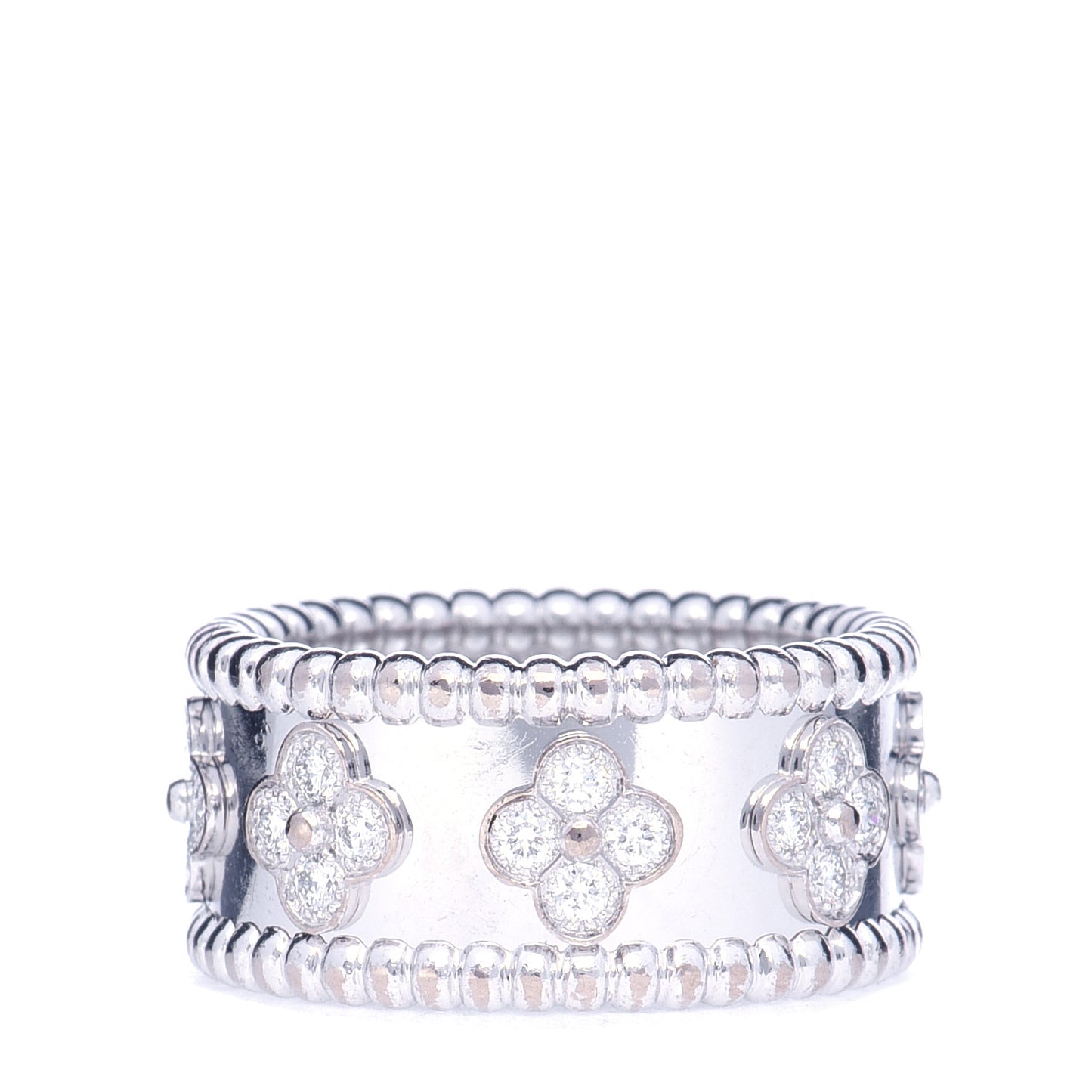 18K White Gold Diamond Medium Perlee Clover Band Ring 57 8