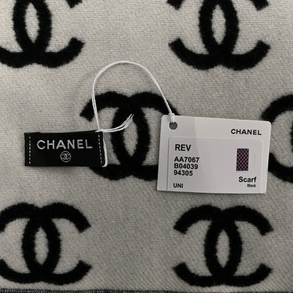 Chanel Wool Cashmere CC Scarf Black White 3 of 4