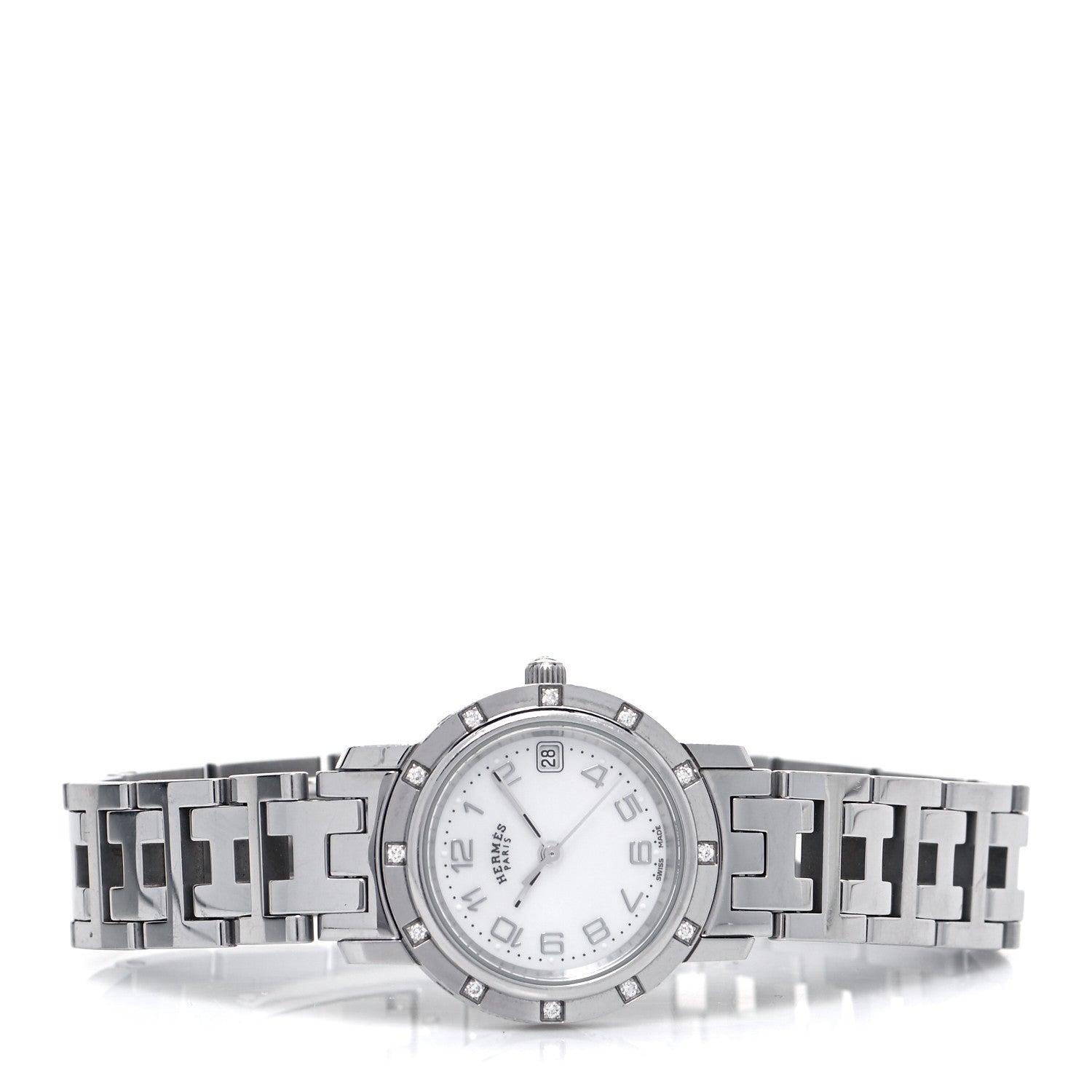 Hermes Stainless Steel Diamond Mother of Pearl 24mm Clipper Quartz Watch 2 of 5