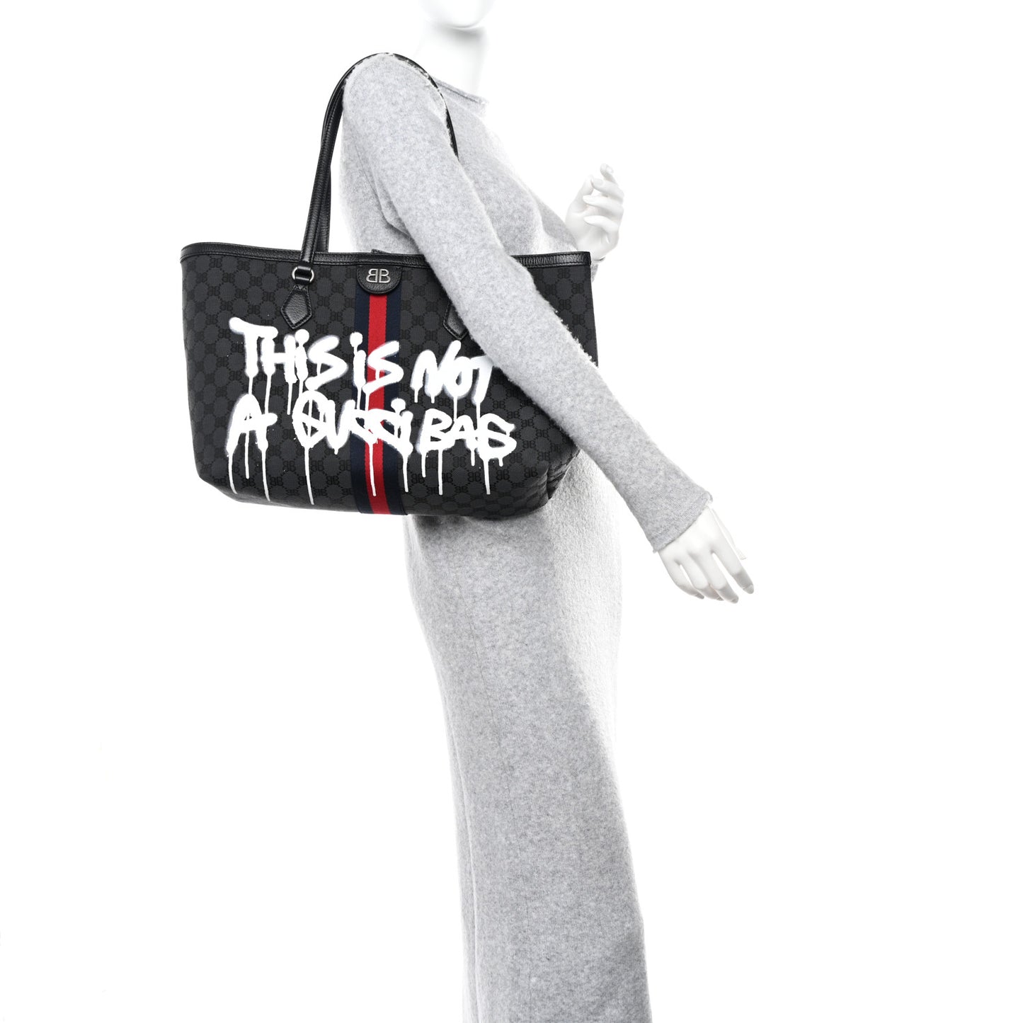 X BALENCIAGA BB Monogram Web Graffiti Medium Ophidia Shopping Tote Black
