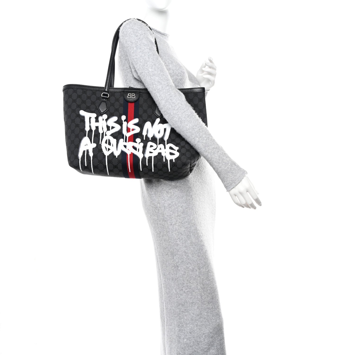 Gucci X BALENCIAGA BB Monogram Web Graffiti Medium Ophidia Shopping Tote Black 2 of 9