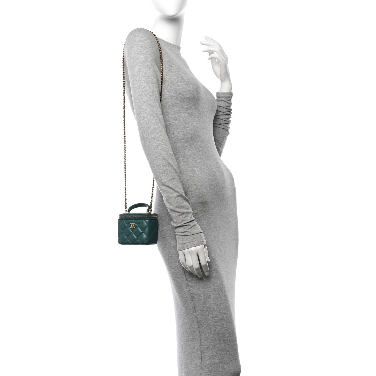 Lambskin Quilted Top Handle Mini Vanity Case With Chain Green