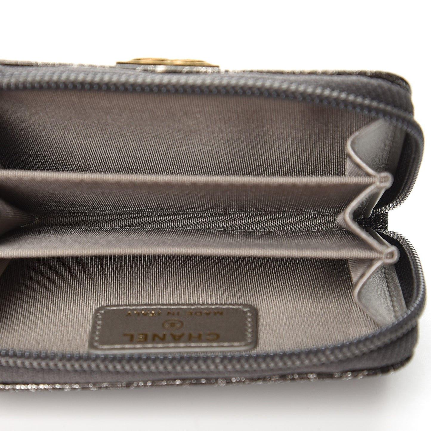 Cracked Metallic Calfskin Quilted Boy Zip Around Coin Purse Wallet Dark Silver