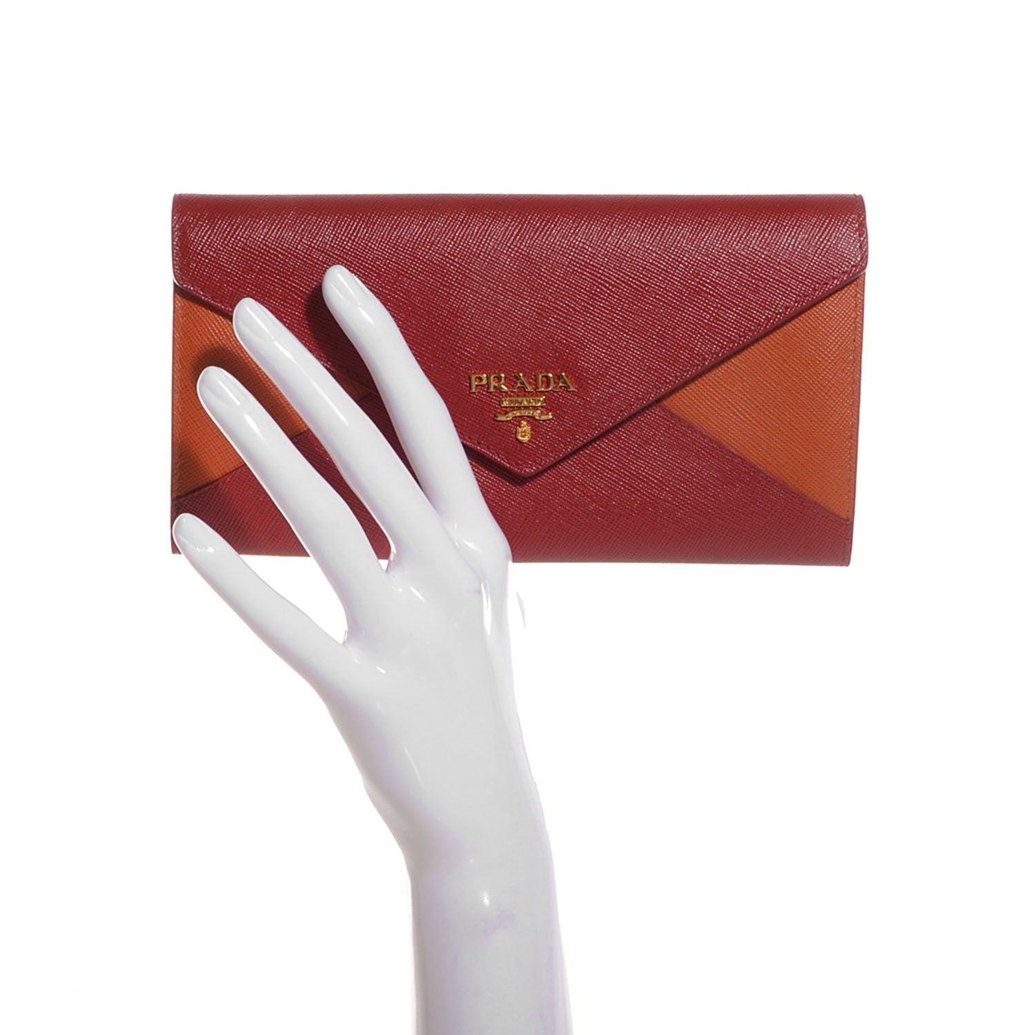Prada Saffiano Bi-Color Envelope Wallet Fuoco Papaya 2 of 8