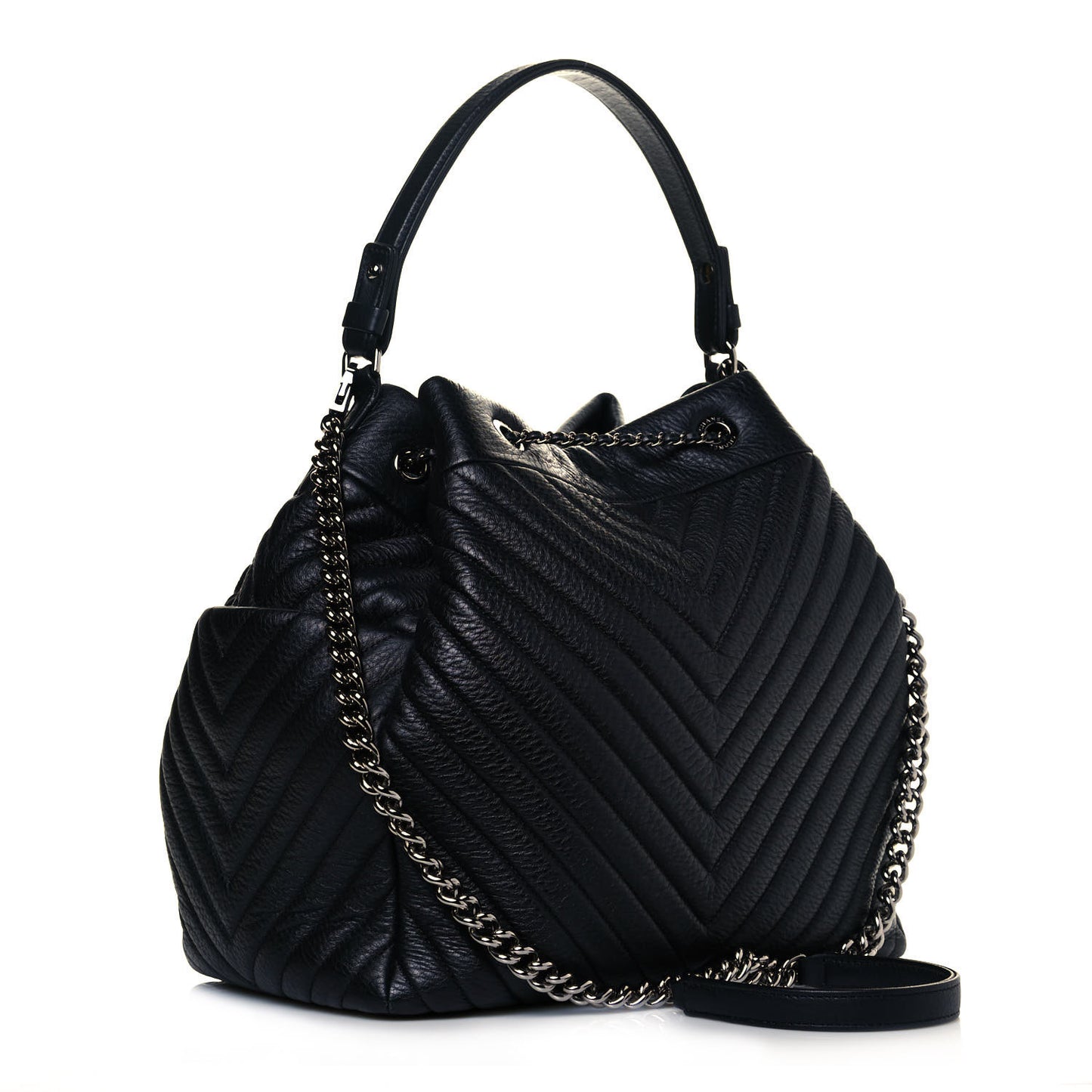 Deerskin Chevron Large CC Chain Bucket Drawstring Bag Black