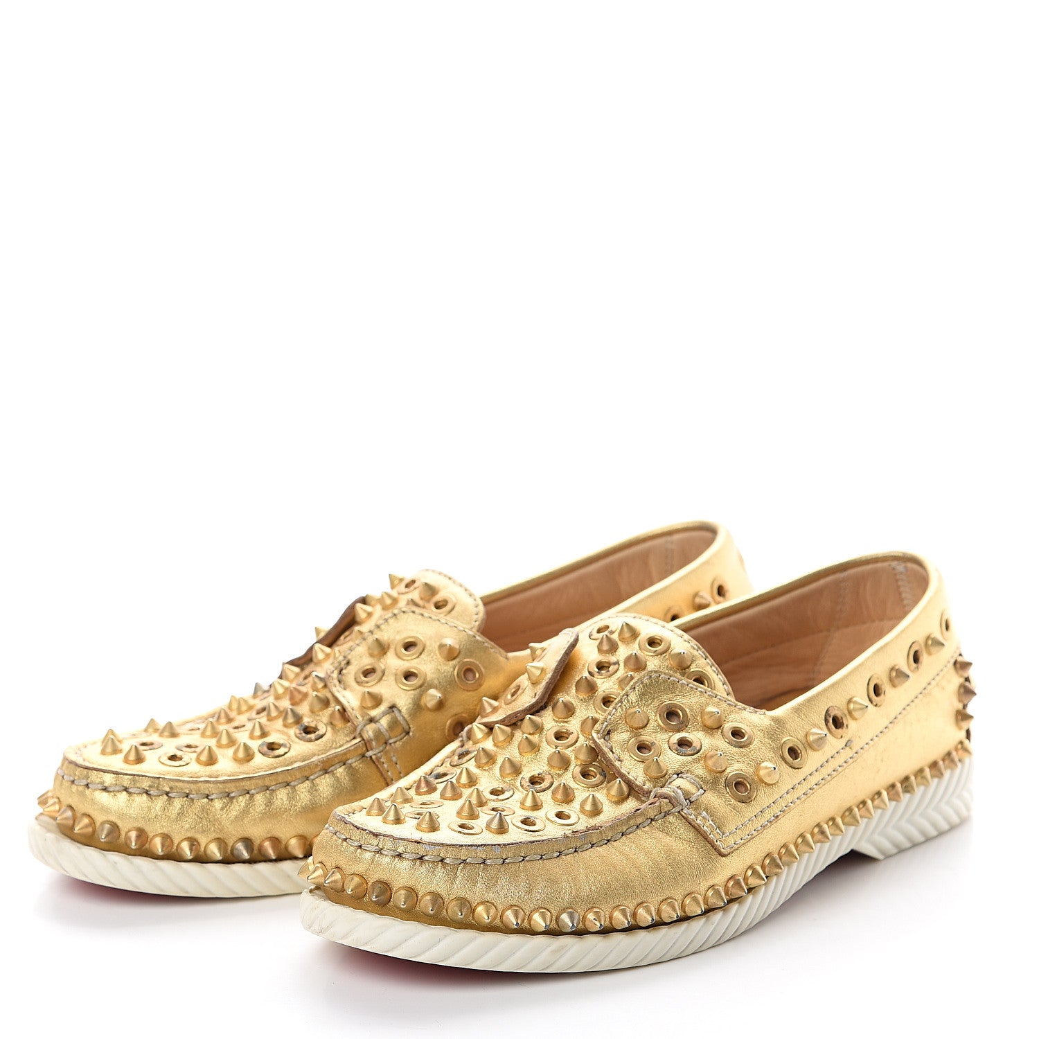 Christian Louboutin Nappa Laminata Spikes Womens Yacht Flat Loafers 37.5 Gold Satine 3 of 7