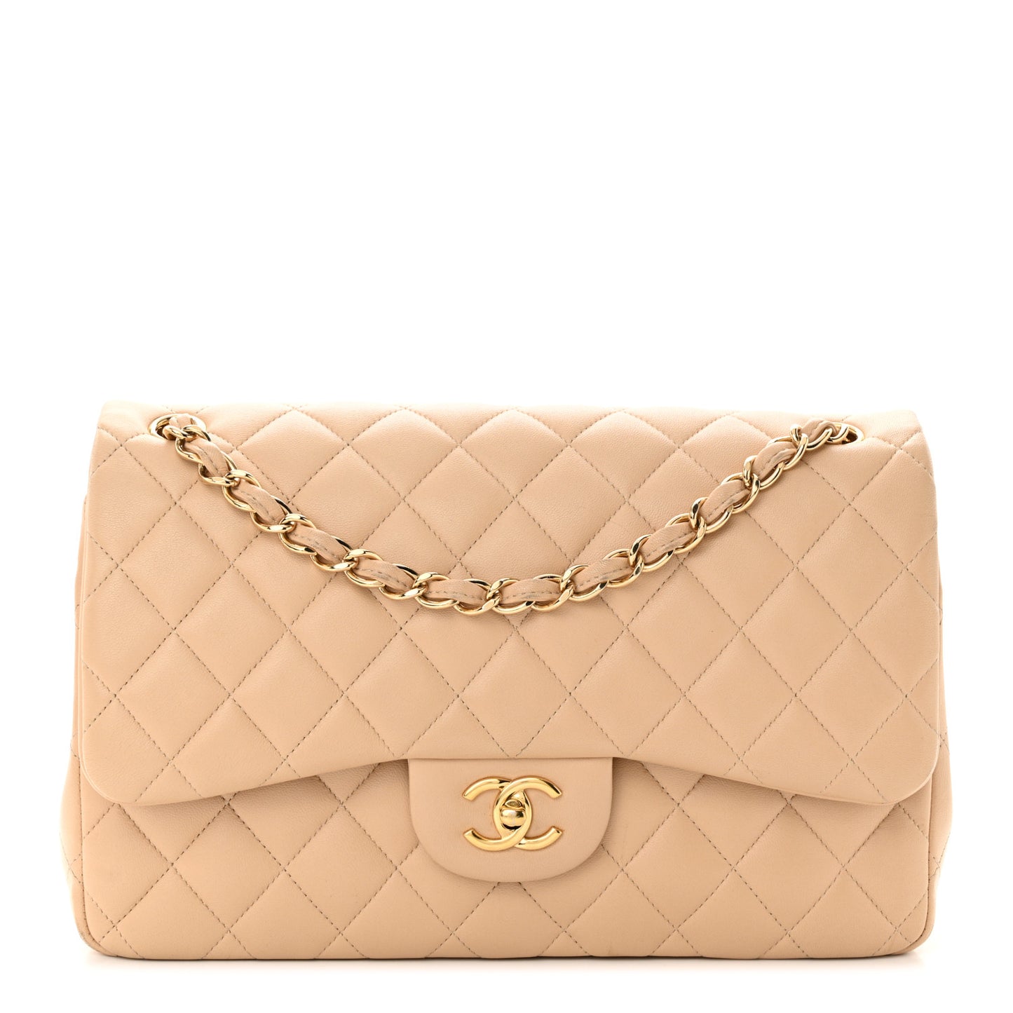 Lambskin Quilted Jumbo Double Flap Beige