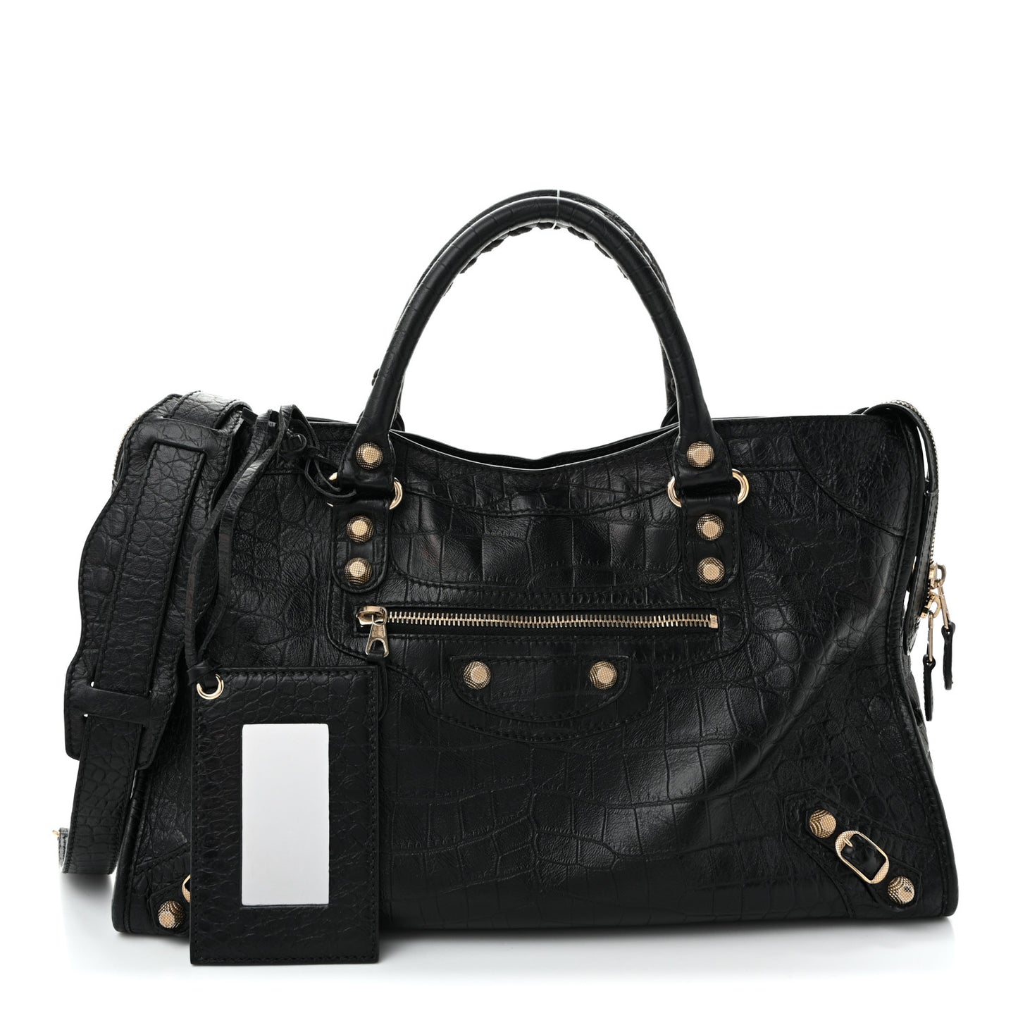 Calfskin Crocodile Embossed Giant 12 Gold Hardware City Black