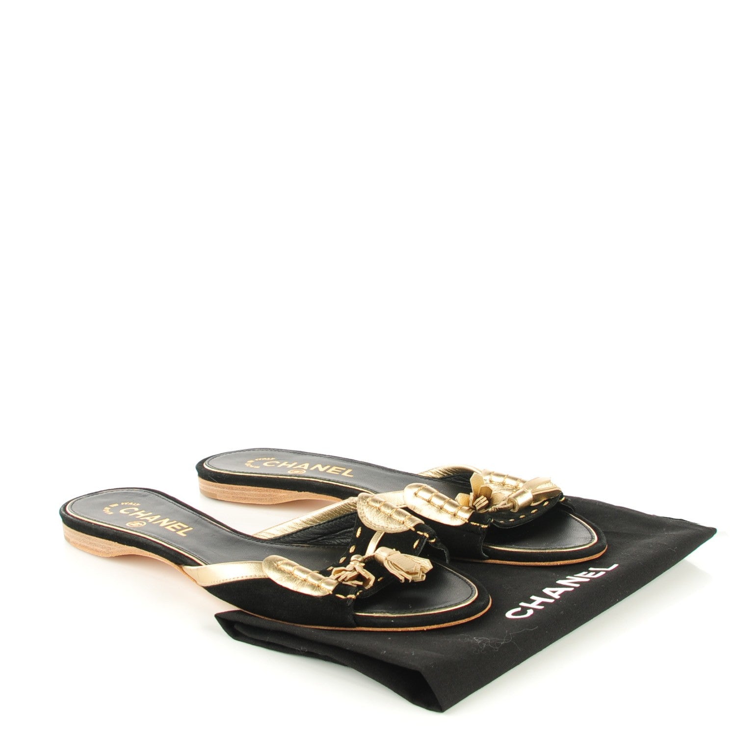Chanel Metallic Lambskin Suede Tassel Sandals 38 Black Gold 5 of 7