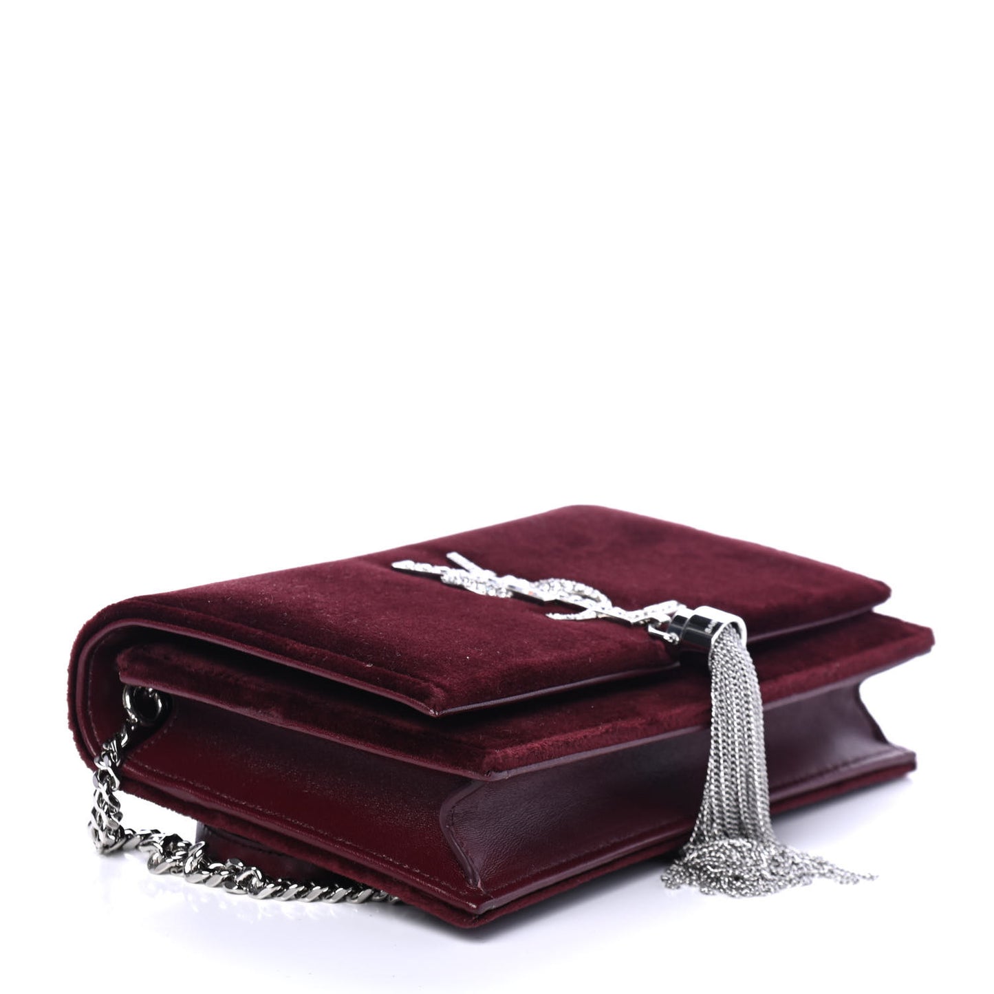 Velvet Crystal Monogram Kate Tassel Shoulder Bag Burgundy