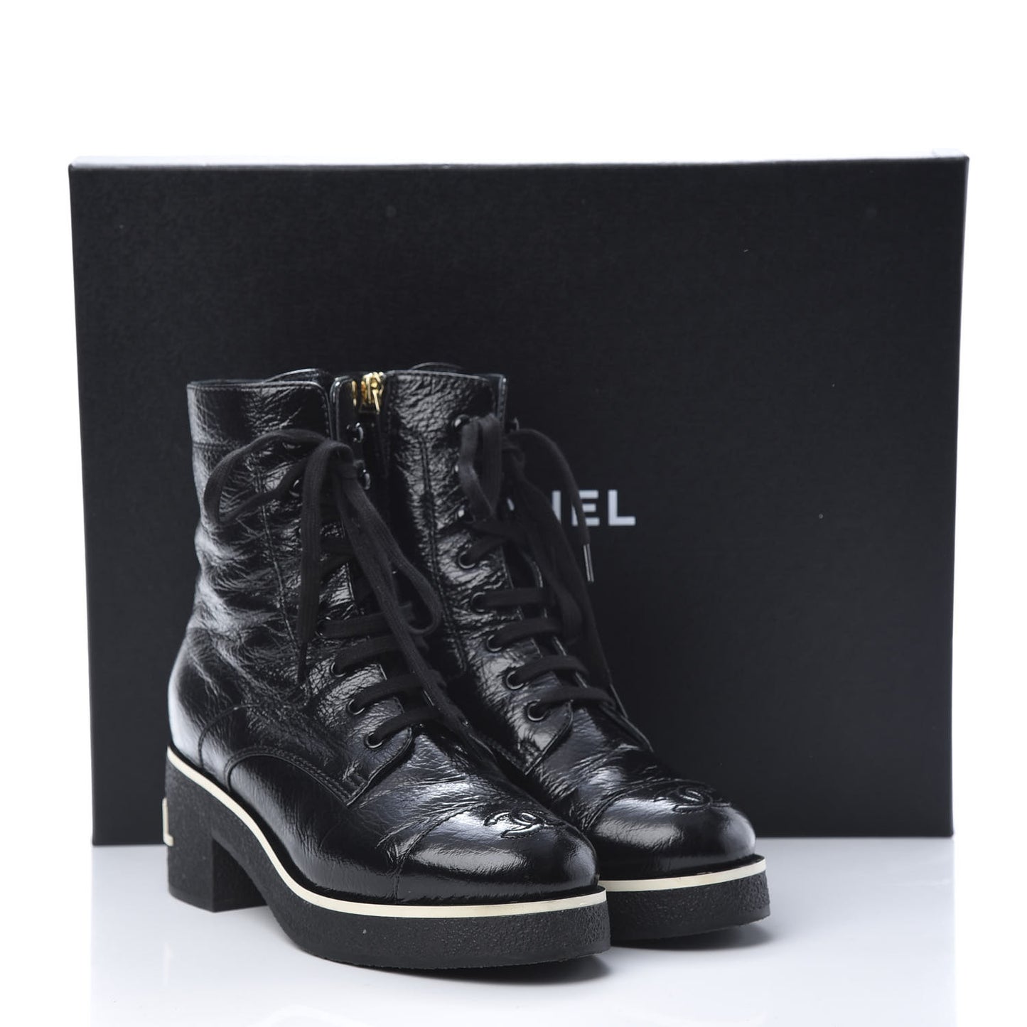 Shiny Crumpled Lambskin Cap Toe CC Lace Up Boots 37 Black