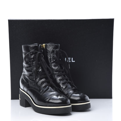 Chanel Shiny Crumpled Lambskin Cap Toe CC Lace Up Boots 37 Black 9 of 9