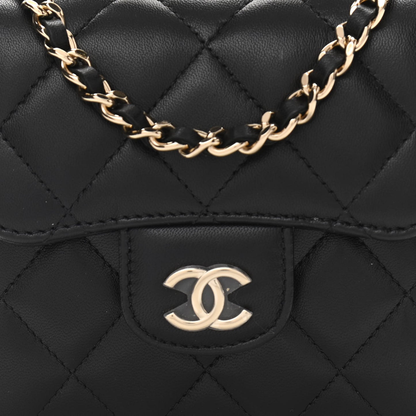 Lambskin Quilted Top Handle Flap Clutch With Chain Black