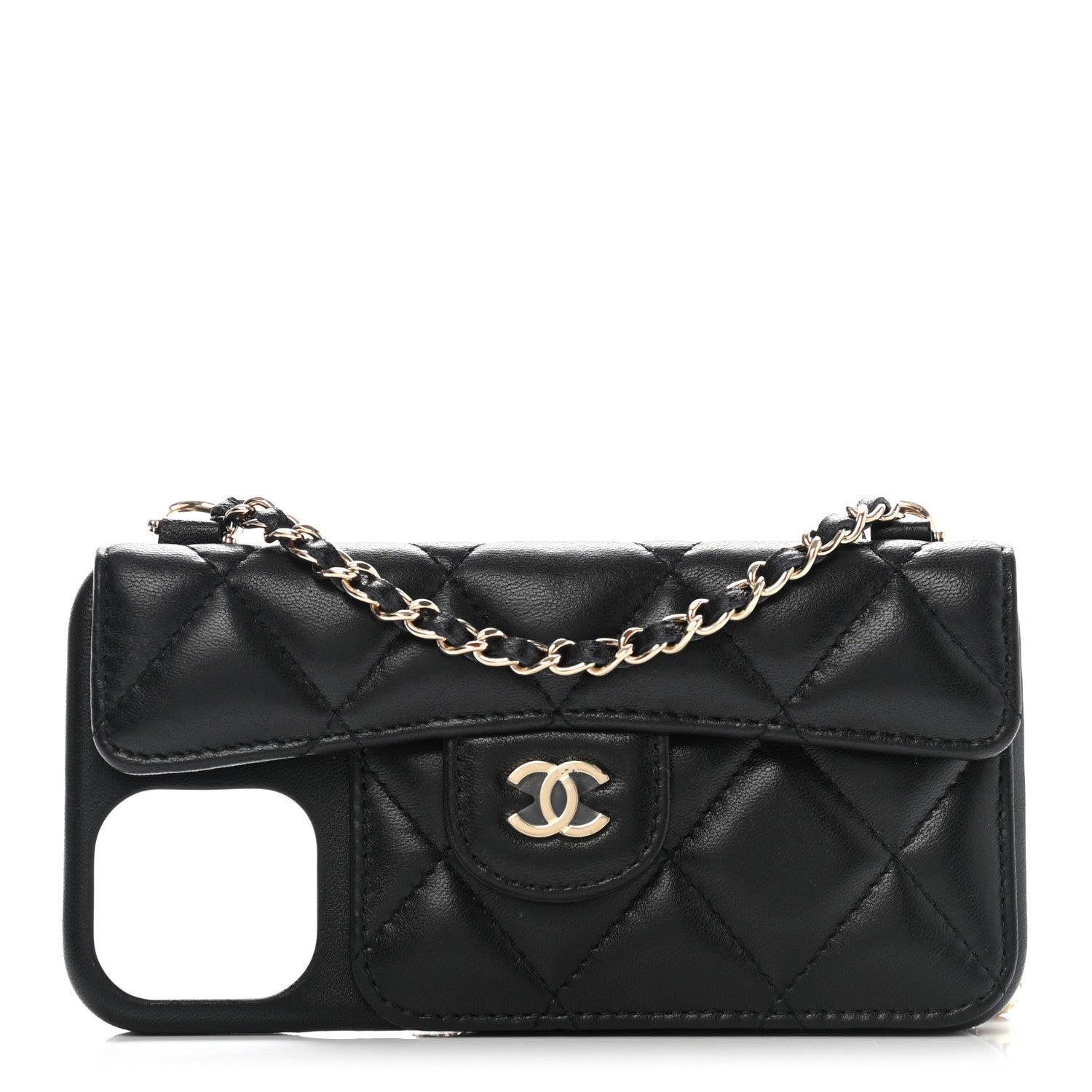Chanel Lambskin Quilted Pearl Crush iPhone XII Pro Holder With Chain Black 1 of 7