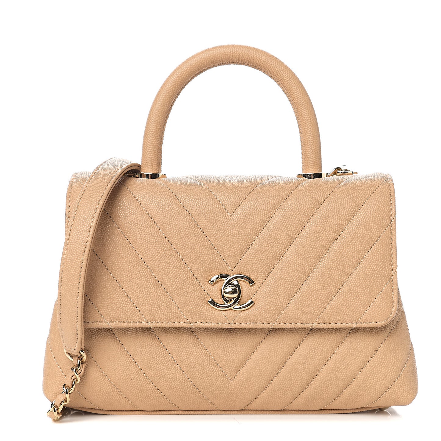Caviar Chevron Quilted Mini Coco Handle Flap Beige