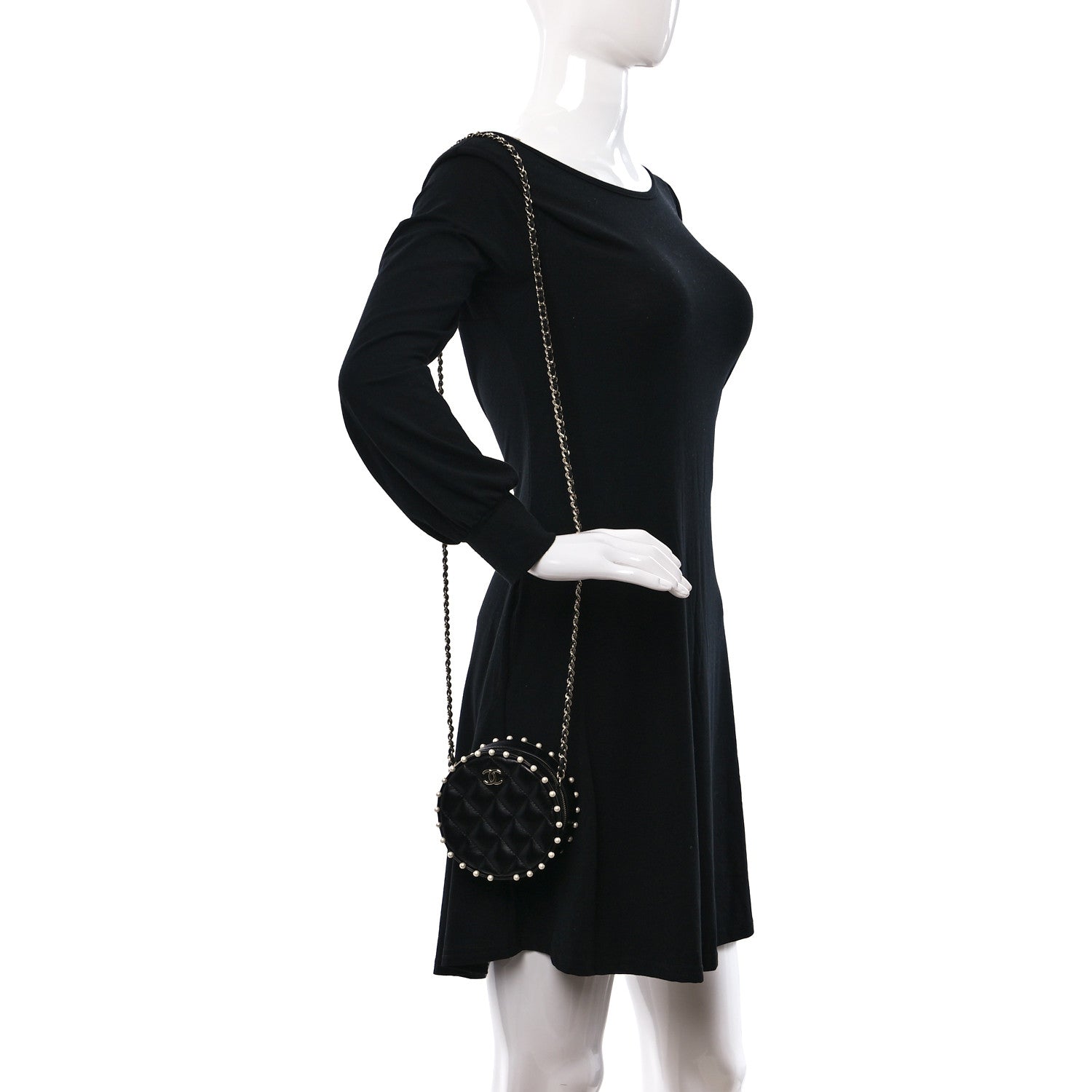 Chanel Calfskin Quilted Pearl Round Clutch With Chain Black 2 of 10