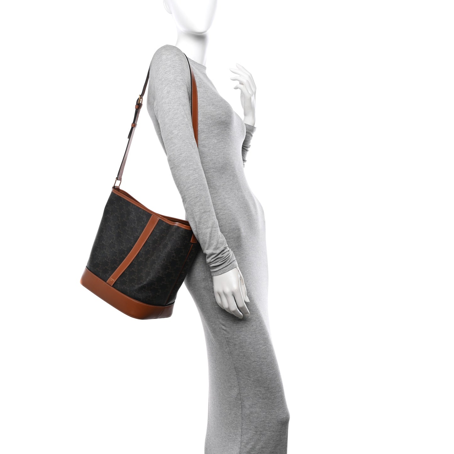 Triomphe Canvas Calfskin Medium Bucket Bag Tan