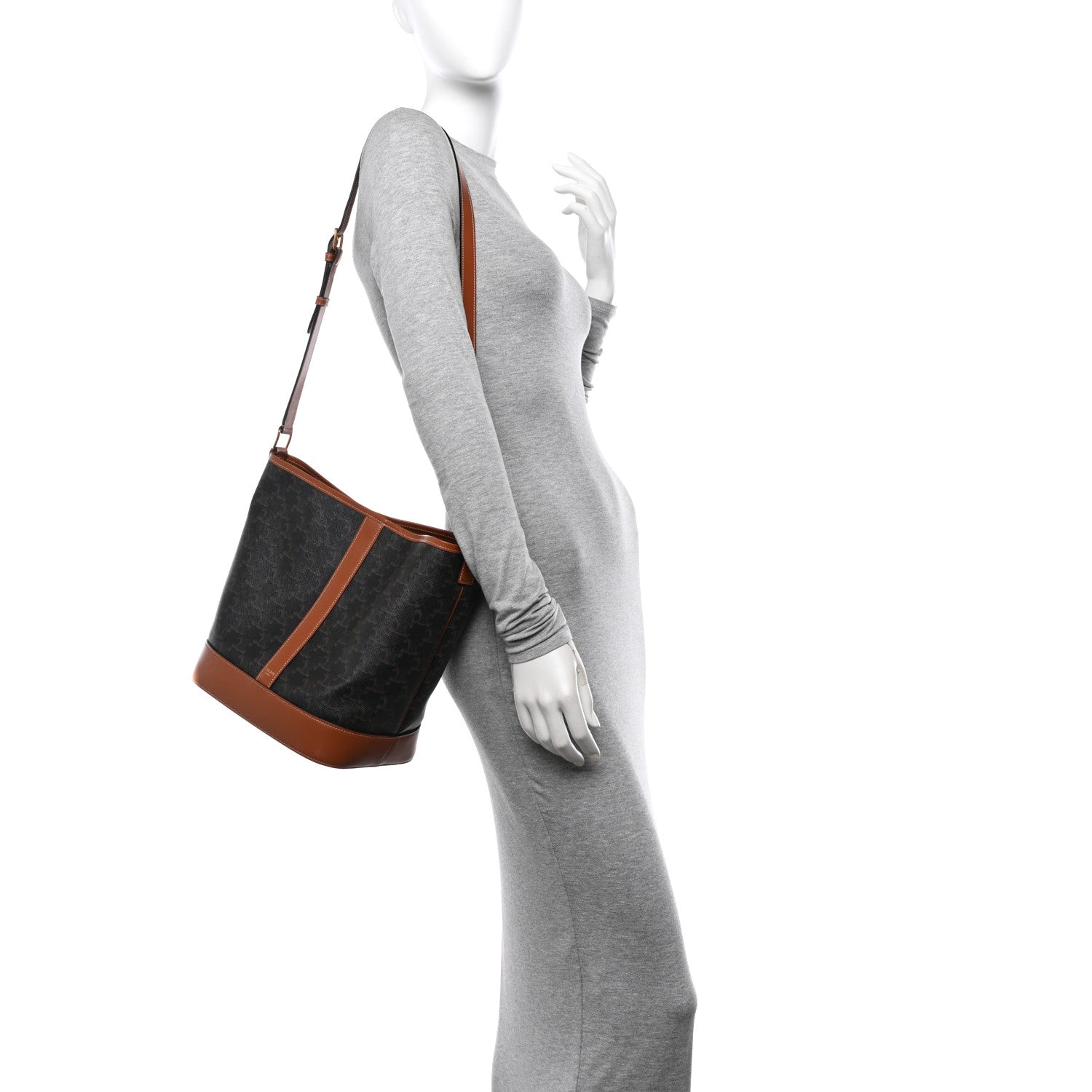 Celine Triomphe Canvas Calfskin Medium Bucket Bag Tan 2 of 13