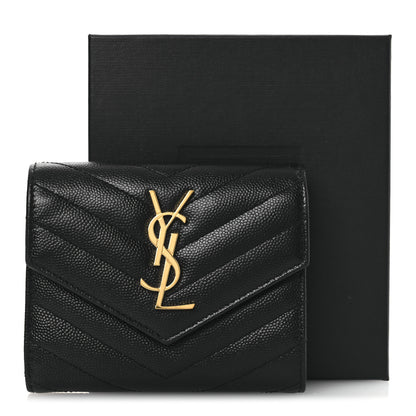 Saint Laurent Grain De Poudre Matelasse Chevron Monogram Compact Tri Fold Wallet Black 9 of 9